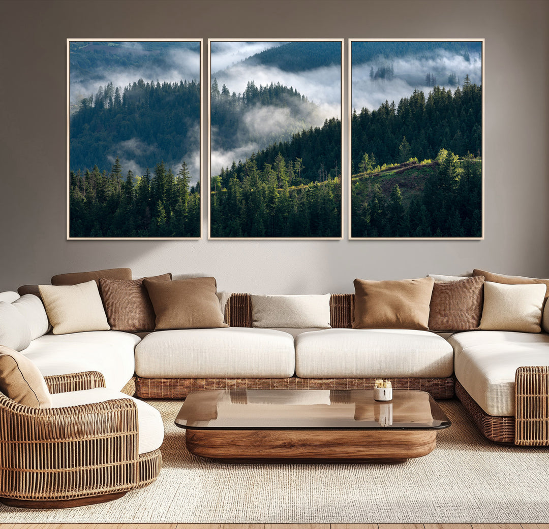 Moody canvas of misty pine forests over layered hills, perfect for cool-toned nature-inspired or woodland-style home decor.