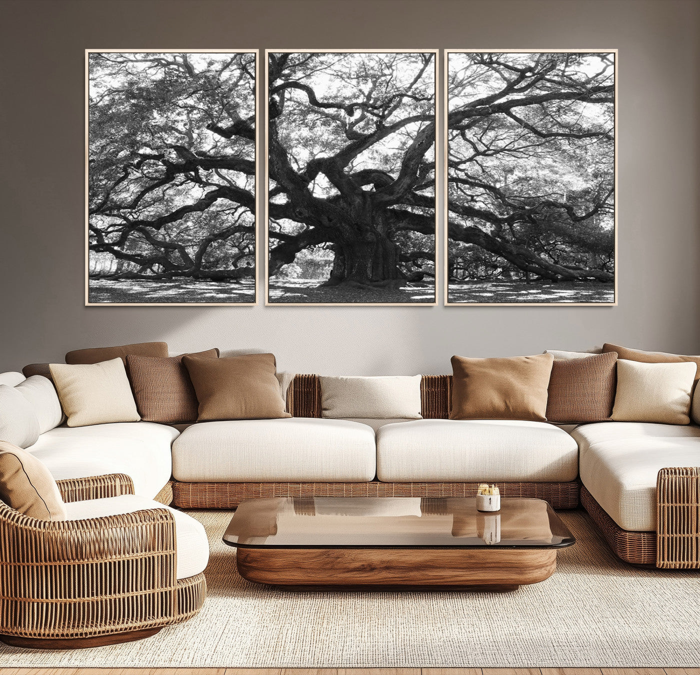Black and white canvas of an ancient oak tree with sprawling, twisted branches, ideal for moody nature-inspired or rustic decor.