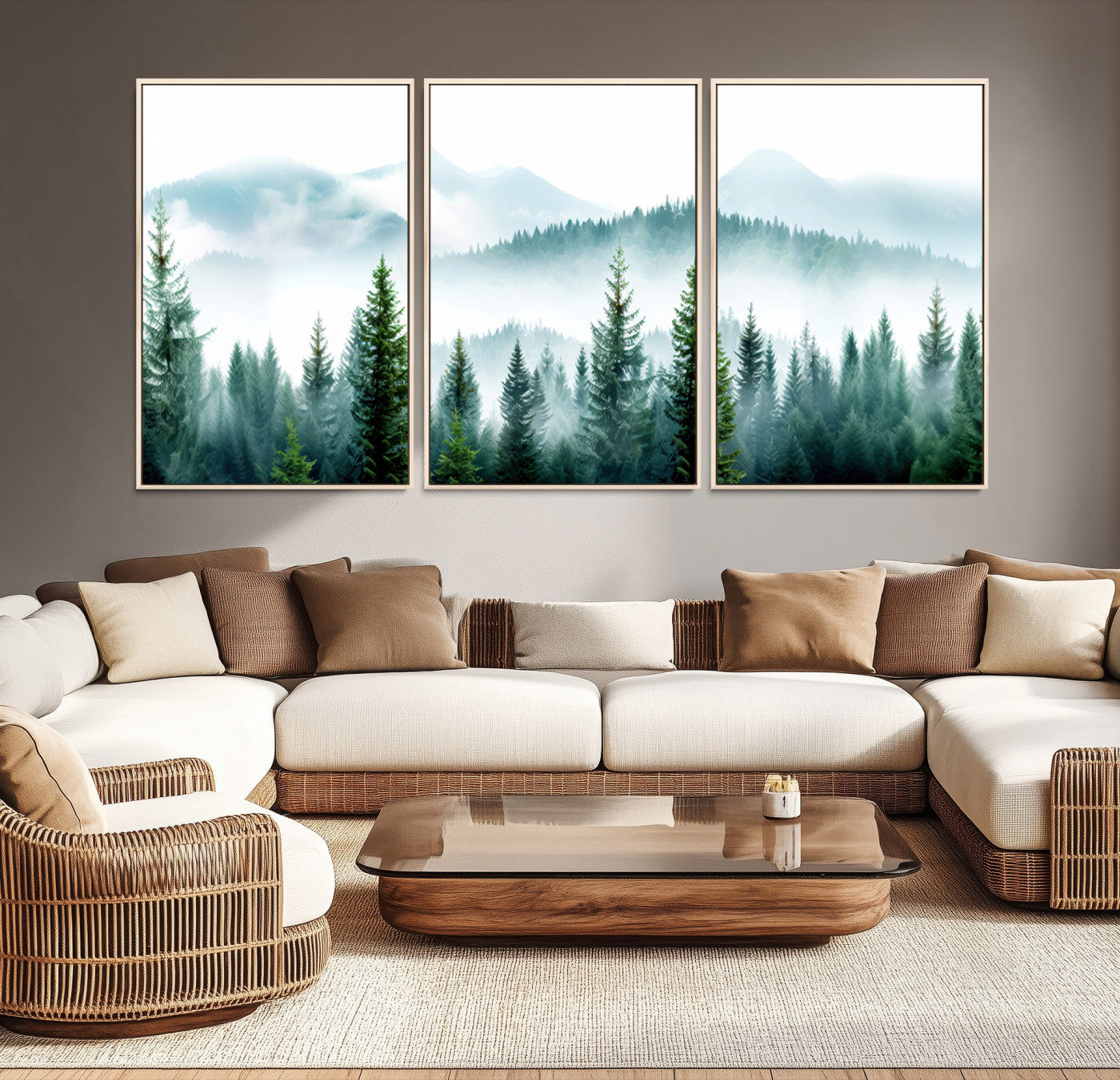 16716676-MGV-CV-36X24-Pine Forest Wall Art Canvas Print – Misty Mountains Foggy Trees Serene Woodland Landscape Artwork for Home Office