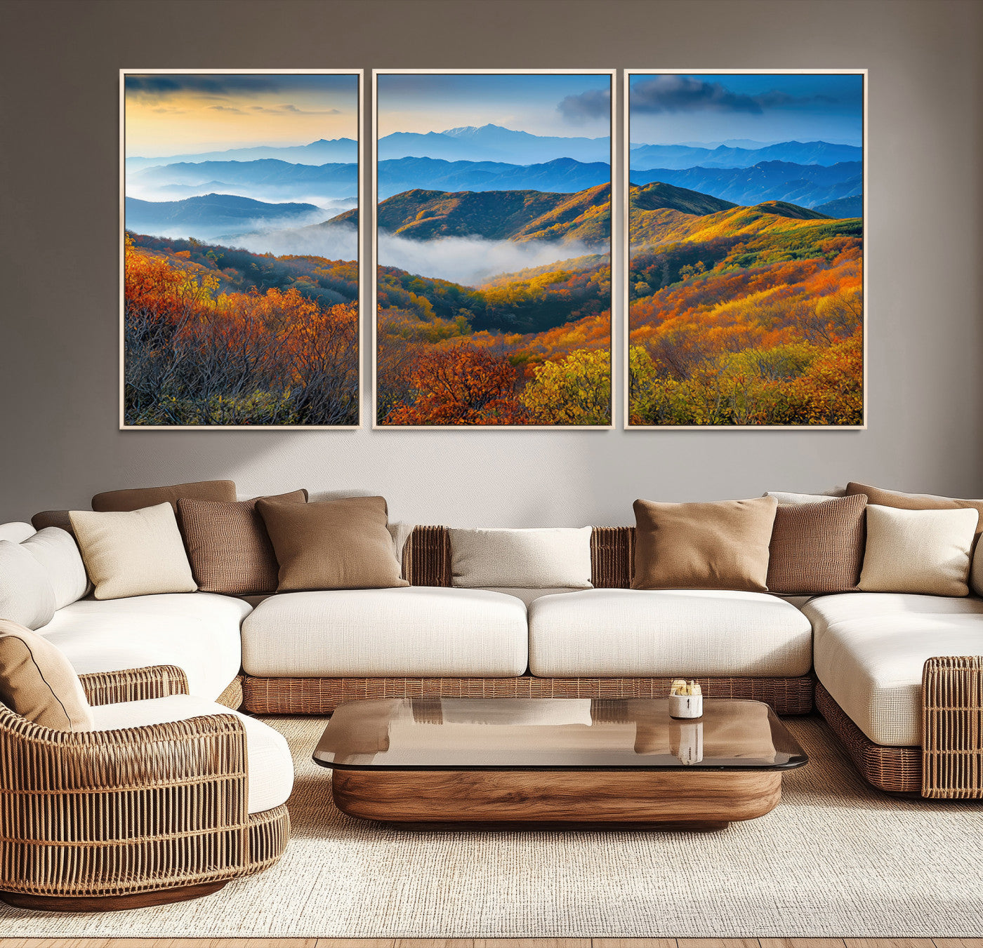 86772247-MGV-CV-48X32-3P-Autumn Mountains Wall Art, Vibrant Fall Foliage Landscape Canvas Print, Framed Hills Artwork for Home, Office