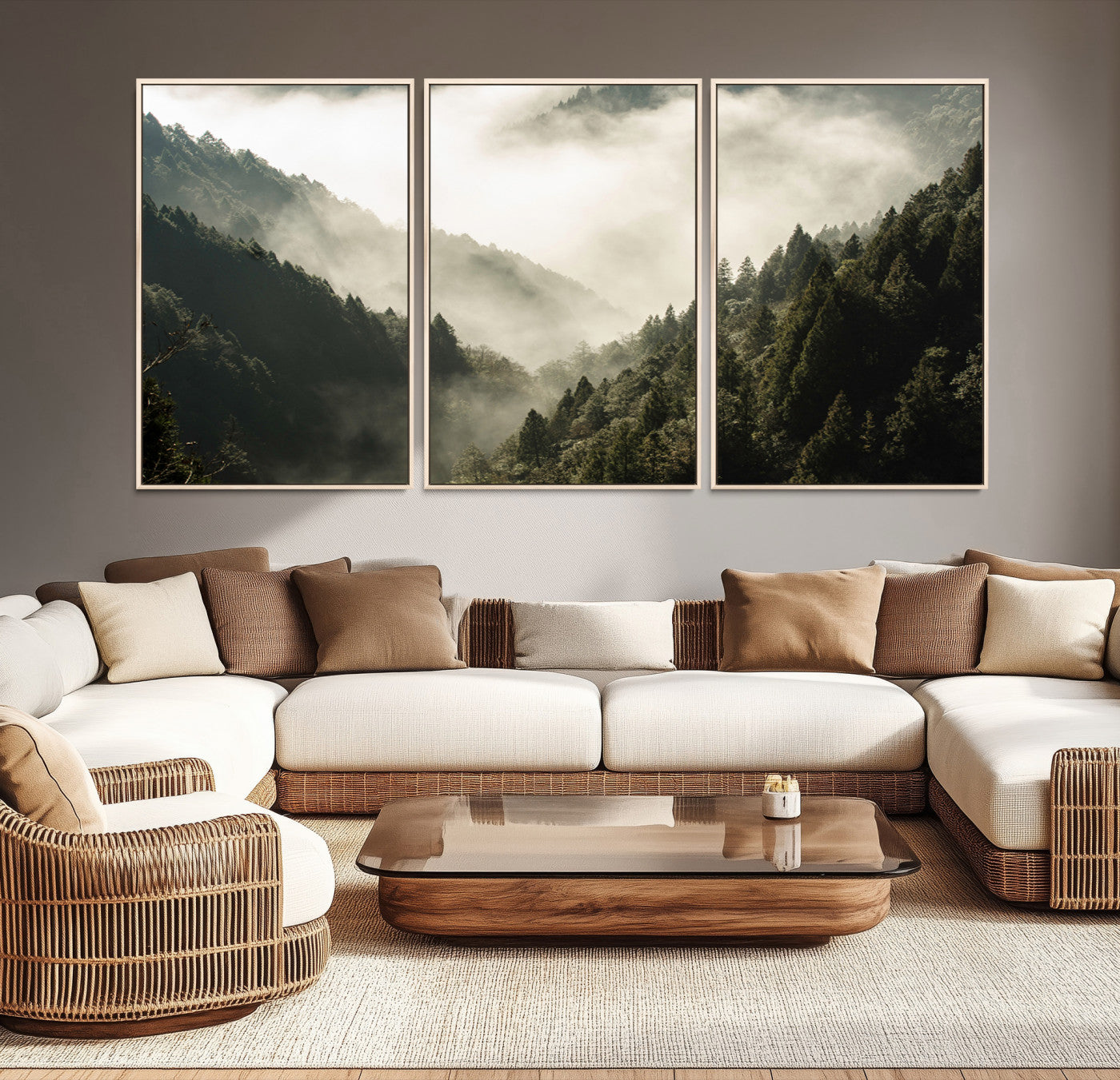 Canvas showing a misty pine forest valley with layered green hills and soft fog, perfect for moody or nature-themed decor styles.