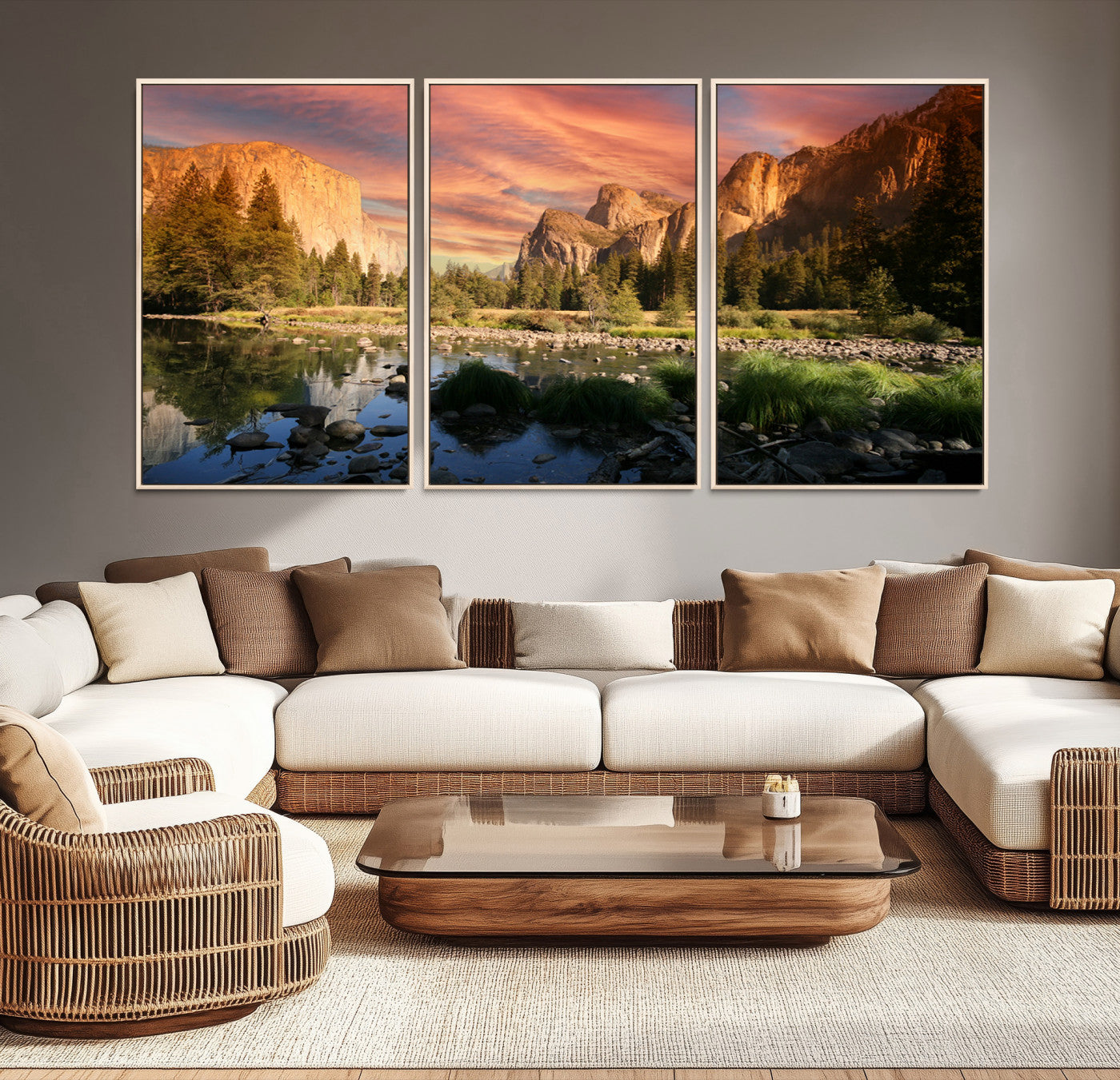 Canvas of Yosemite Valley with El Capitan and sunset sky, featuring vibrant tones ideal for rustic or nature-inspired home decor.