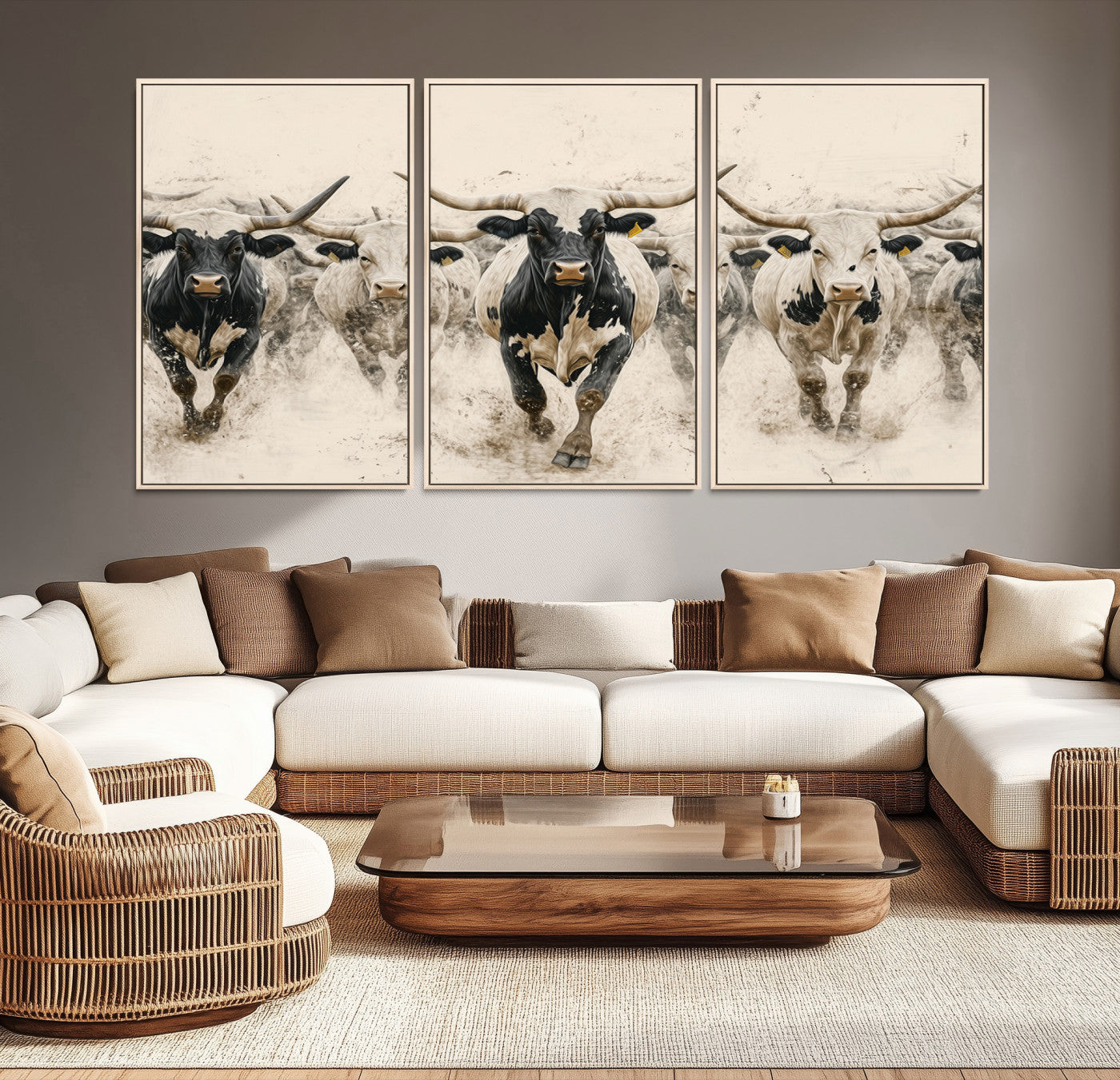 Canvas artwork of Texas Longhorn bulls walking in a dusty herd, ideal for rustic Western or country-style interior decor.