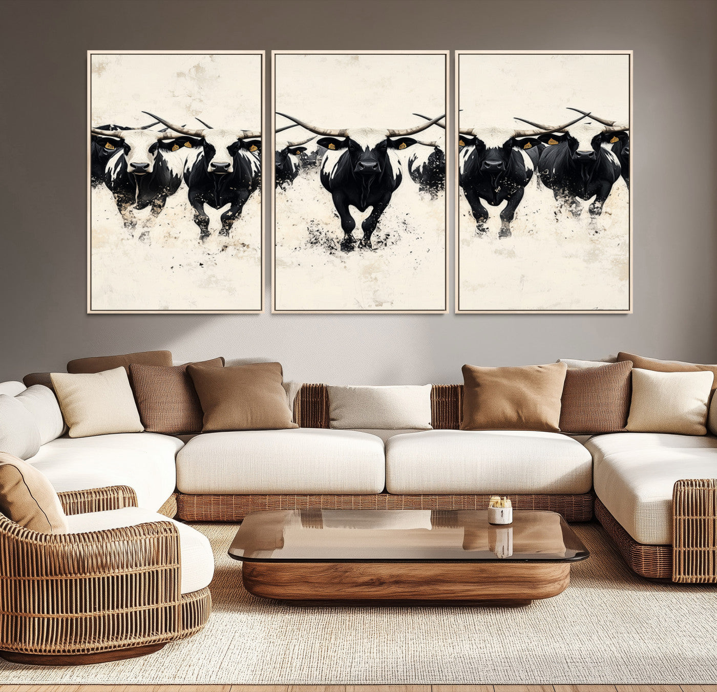 Canvas artwork of black and white Texas longhorns in a bold stampede over a minimalist background, ideal for rustic modern or Western-themed decor.