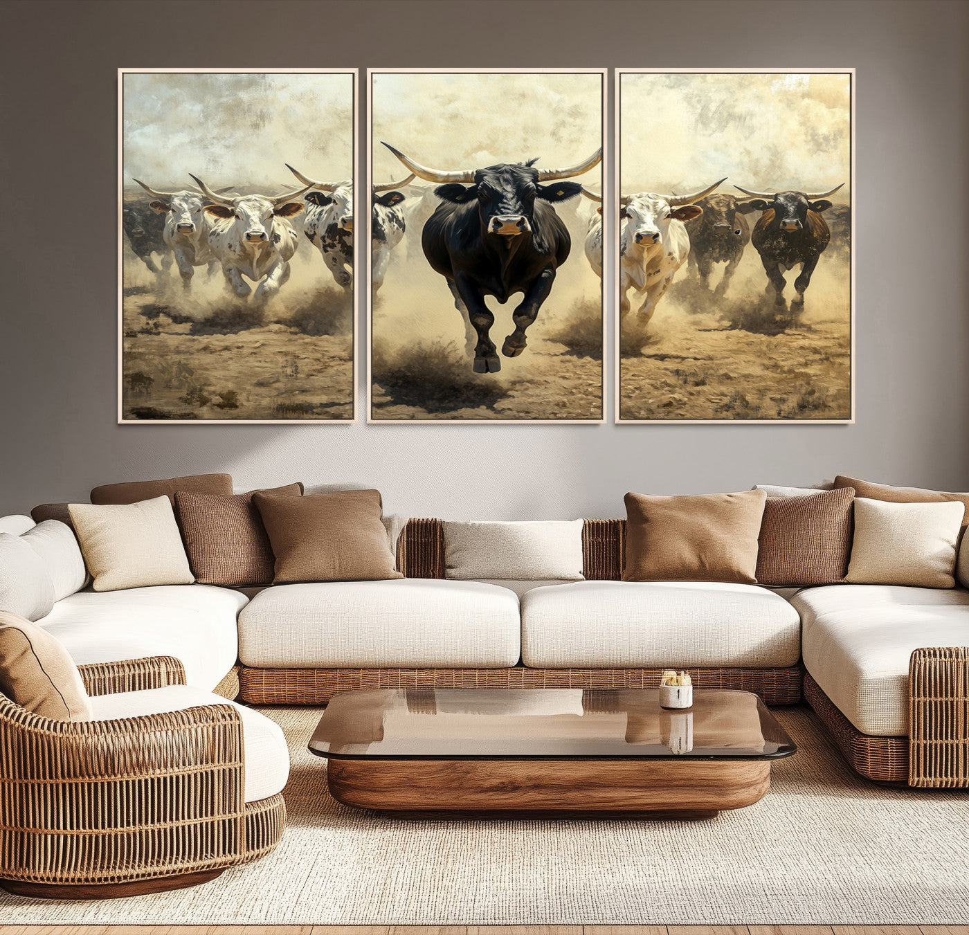 Dynamic canvas showing a Texas Longhorn stampede with earthy tones and bold movement, perfect for rustic or Western-style interiors.