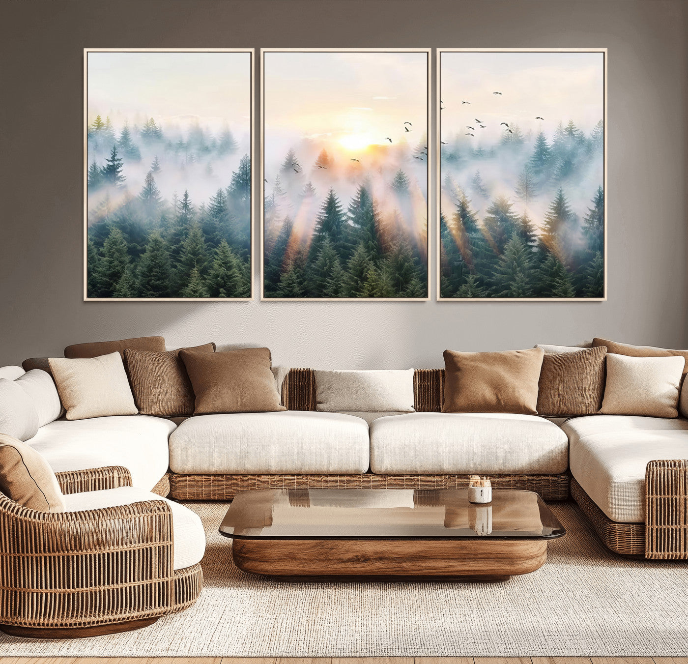 MGV-FC-60X30-3P - Misty Pine Forest Wall Art Canvas, Sunrise Over Foggy Trees Canvas for Home - Office, Framed