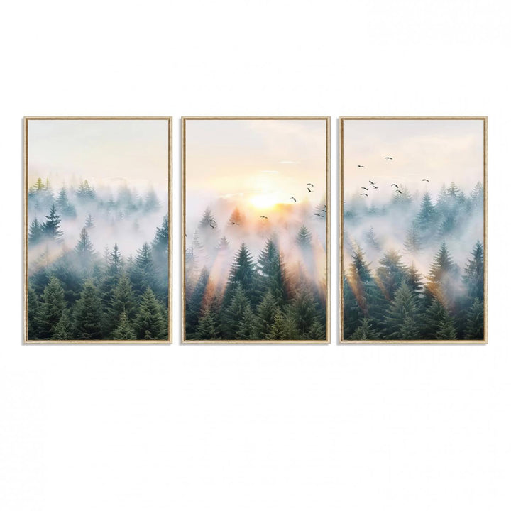 Misty Pine Forest Wall Art: A depiction of sunrise over foggy trees and birds against a bright sky; a framed woodland scene ideal for home or office decor.