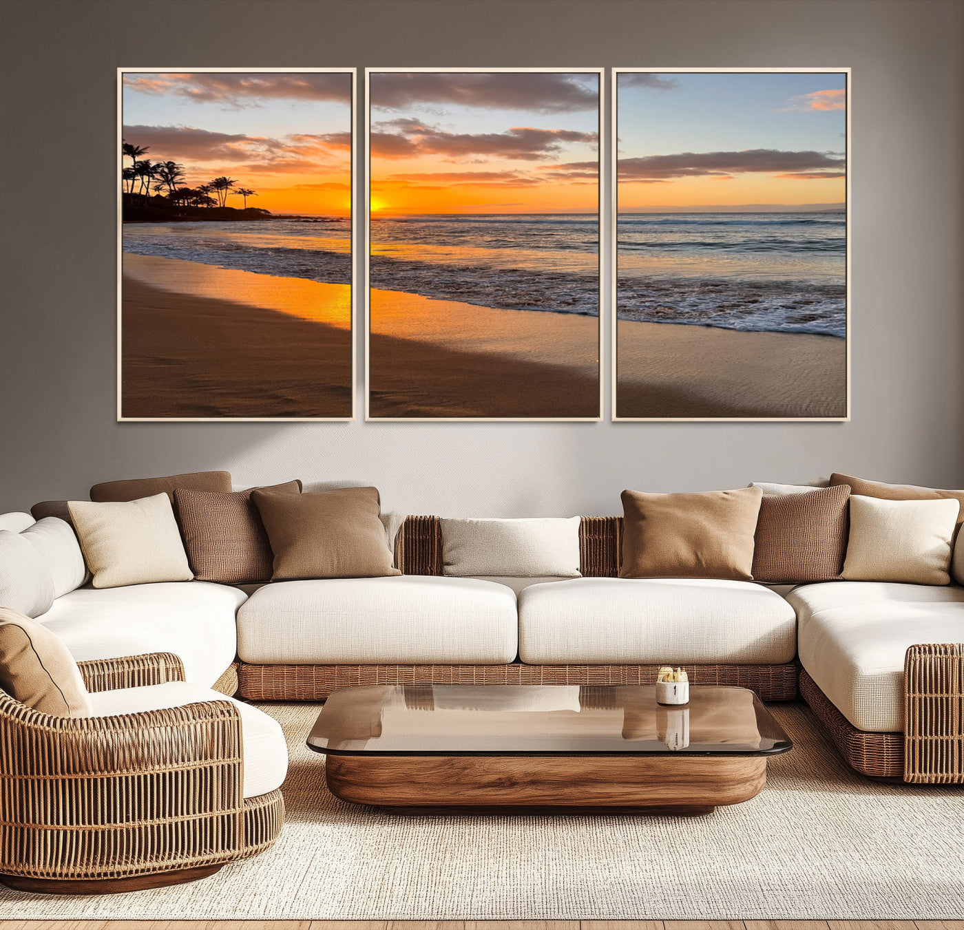 Canvas of a tropical beach at sunset with golden reflections and palm trees, perfect for vibrant coastal or island-style decor.
