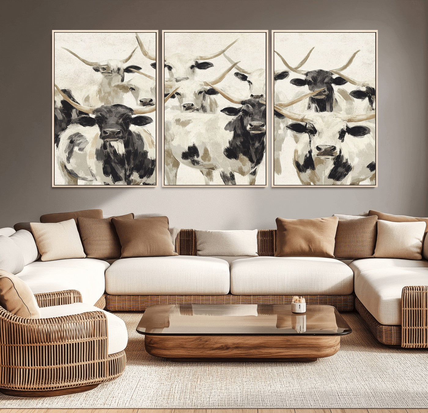 MGV-FC-60X30-3P - Longhorn Texas Cow Drawing Abstract Wall Art Canvas Print for Farmhouse Decor, Texas Bull Printing