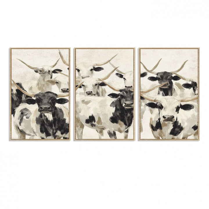 Canvas print titled Longhorn Texas Cow Drawing, depicting longhorn cattle with black and white markings, made in the USA, displayed on the wall.