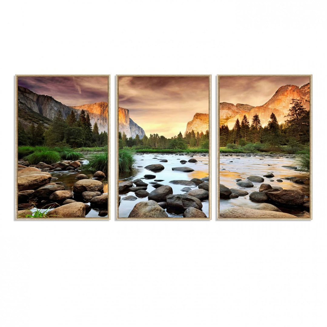 A tranquil riverside sunset mirrors the beauty of a Yosemite wall art masterpiece like the Large El Capitan Print.