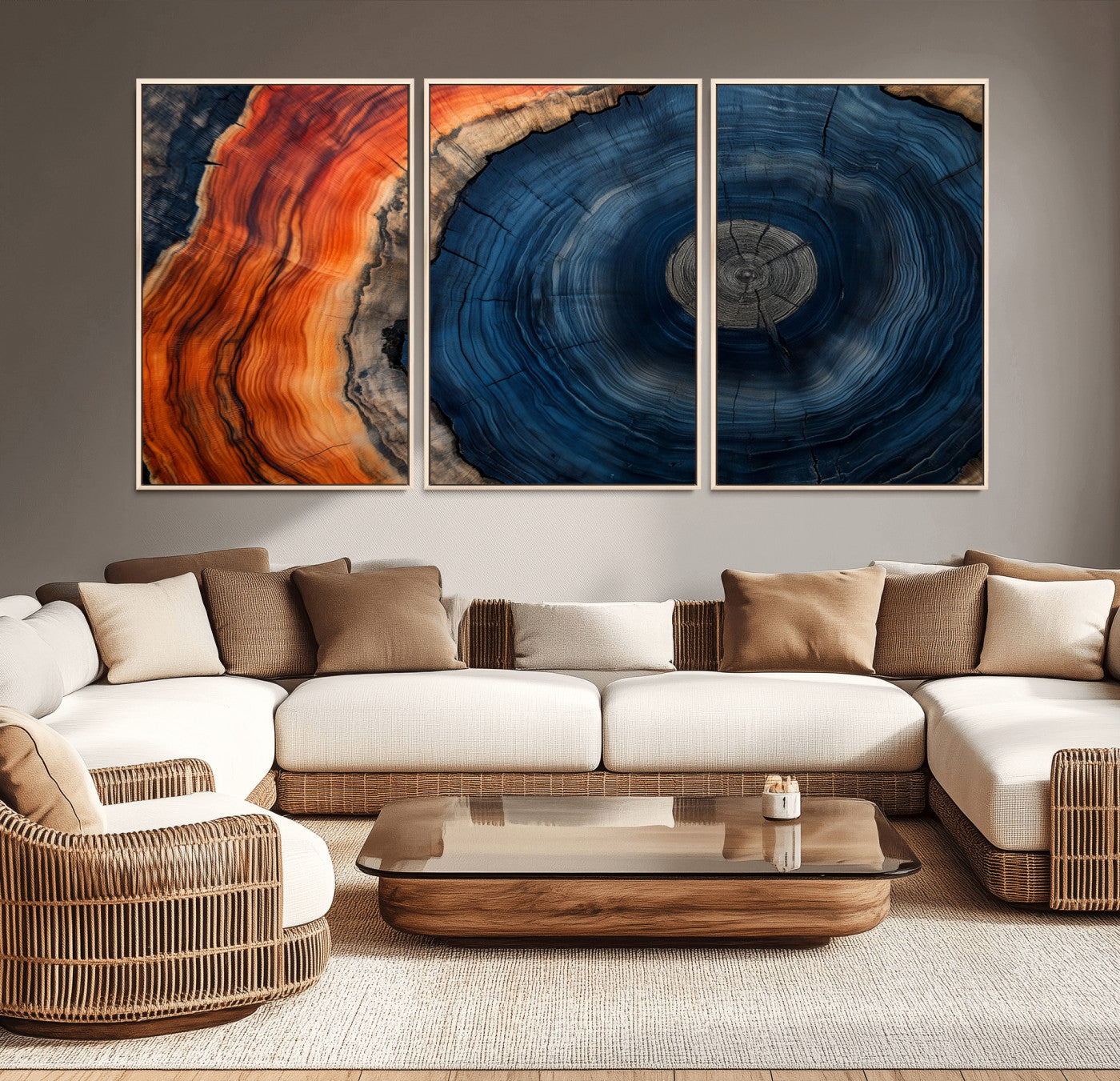 MGV-FC-60X30-3P - Tree Rings Wall Art Canvas Print, Rustic Wood Print, Framed Natural Texture Art Print, Wood Grain