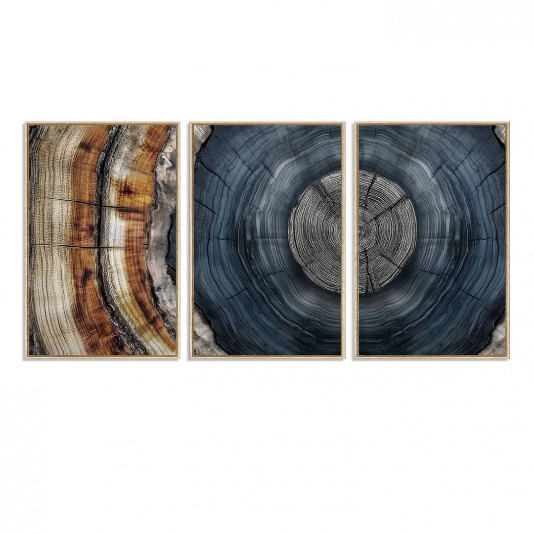 Close-up of the Abstract Tree Rings Wall Art Print featuring shades of blue, brown, and gray.