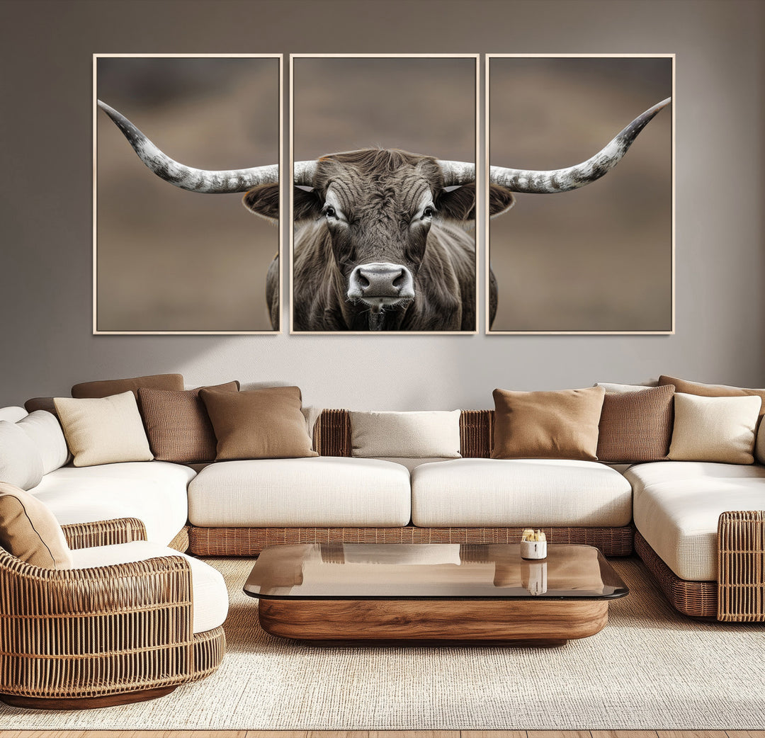 The Framed Texas Longhorn Bull Art Canvas Print adds timeless elegance to the serene setting.