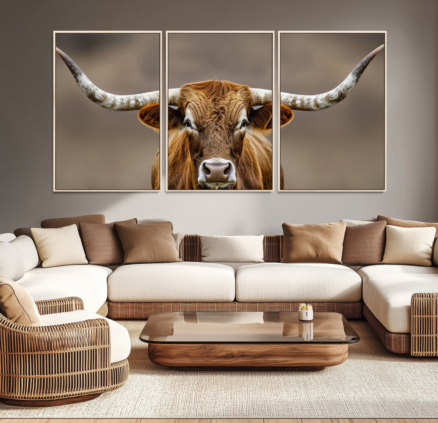 12179171-MGV-CV-36X24-Texas Longhorn Wall Art Canvas Print – Brown Bull Rustic Ranch Western Cattle Nature Artwork for Home Office