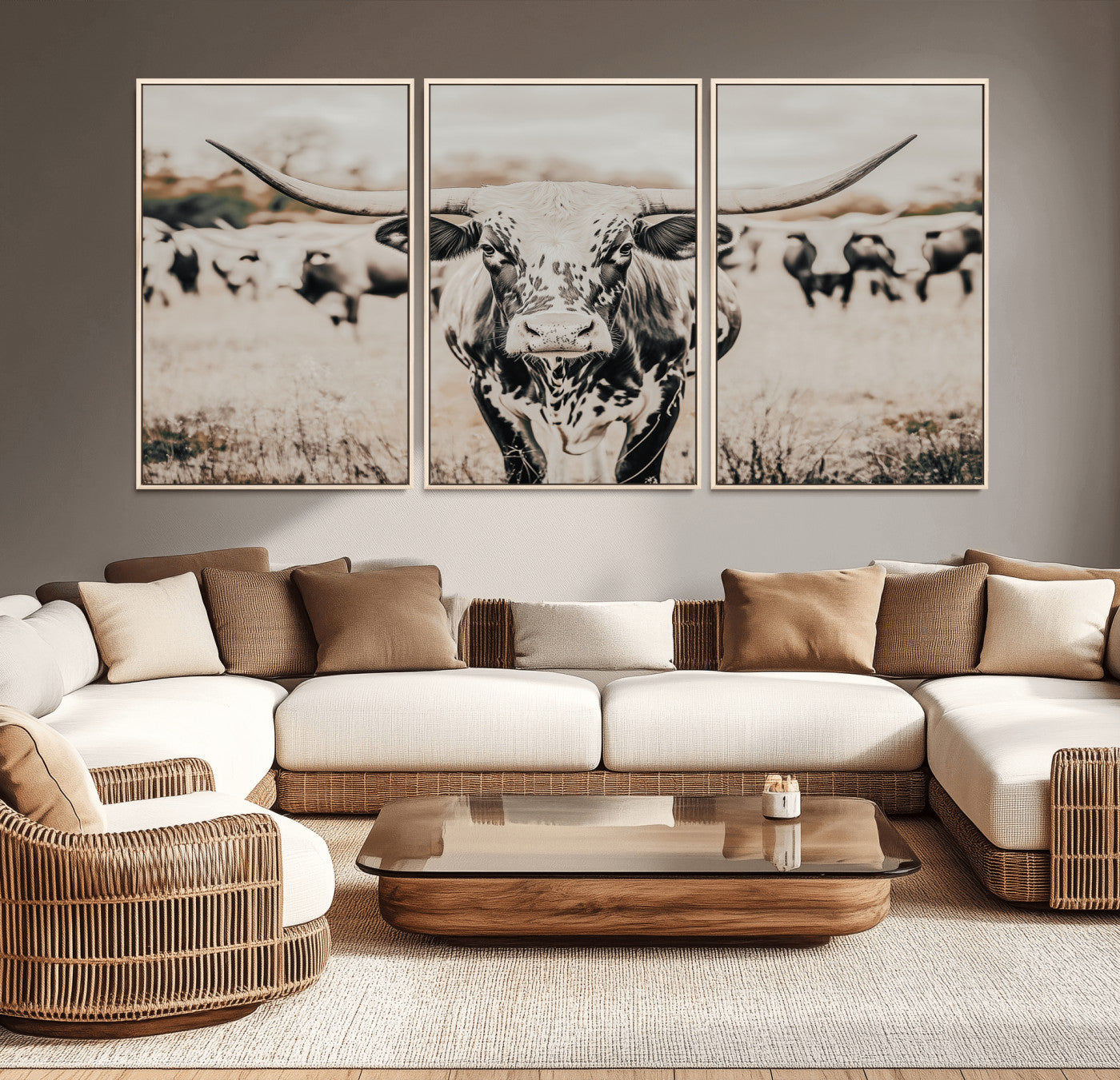MGV-FC-60X30-3P - Texas Longhorn Wall Art Canvas Print, Framed Speckled Cow Art Picture Print, Horned Cattle Perfect Rustic Western Decor Artwork
