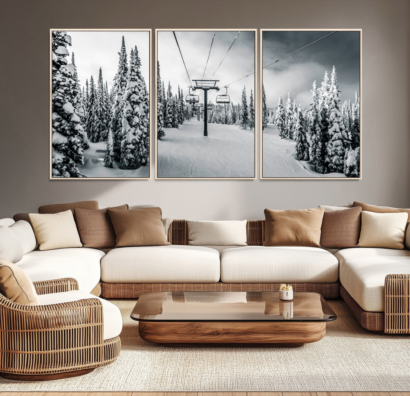 31156828-MGV-CV-36X24-Snowy Pines Wall Art Canvas Print, Framed Ski Lift Art Picture Print, Winter Forest Perfect Moody Lodge Decor, Ski Lift Wall Art Canvas