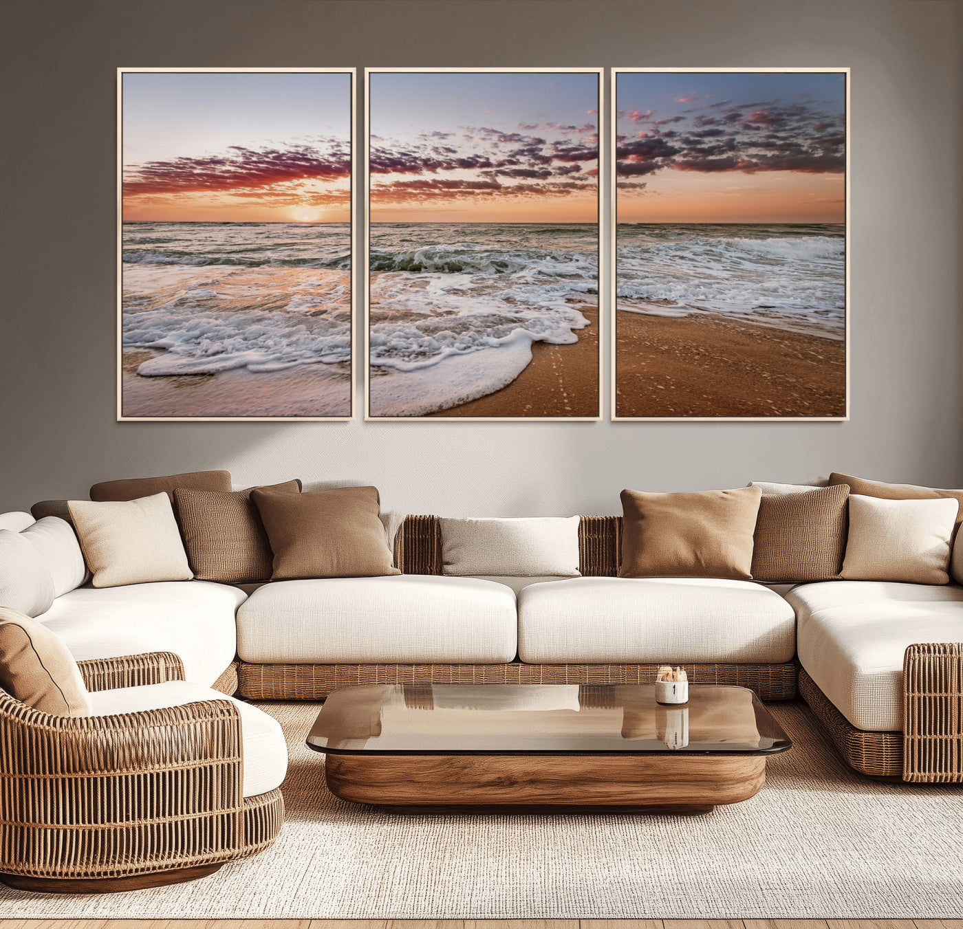 39846389-MGV-CV-36X24-Ocean Sunset Wall Art Canvas Print – Framed Sandy Shore Gentle Waves Coastal Landscape Minimalist Artwork for Home, Office