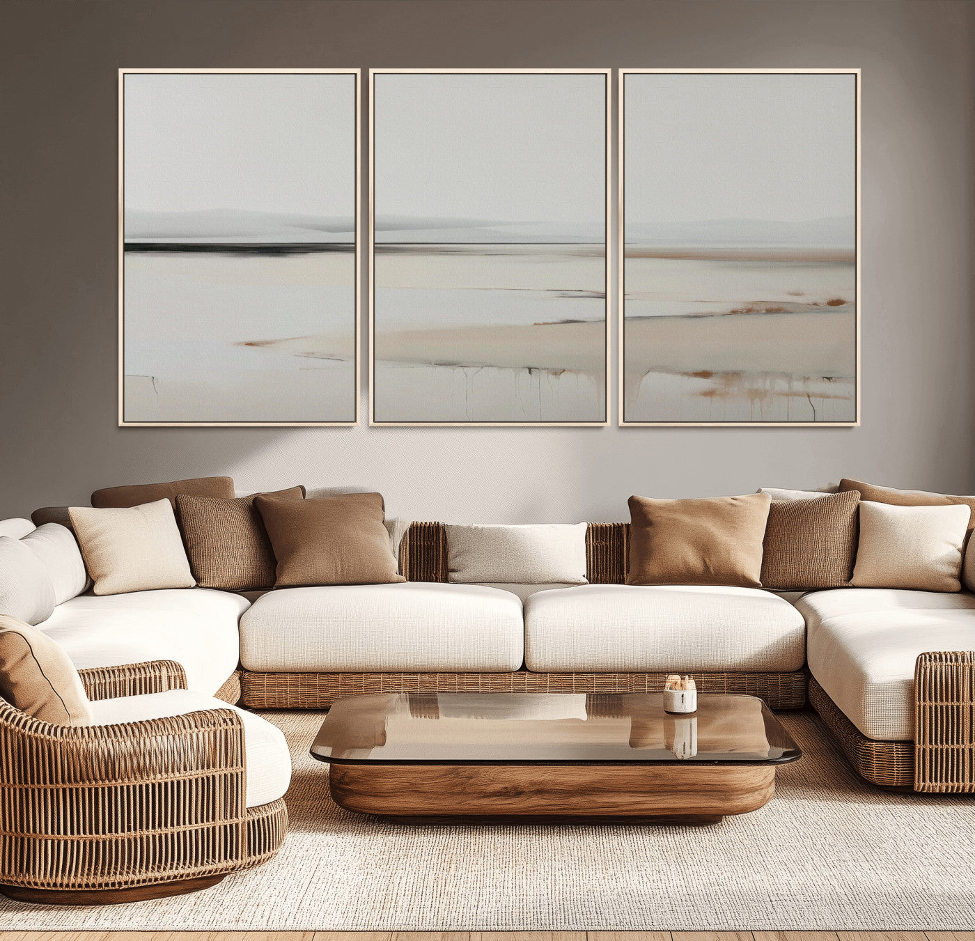 89410095-MGV-CV-36X24-Minimalist Landscape Wall Art Canvas Print – Framed Soft Horizon Abstract Seascape Earthy Tones Artwork for Home Office