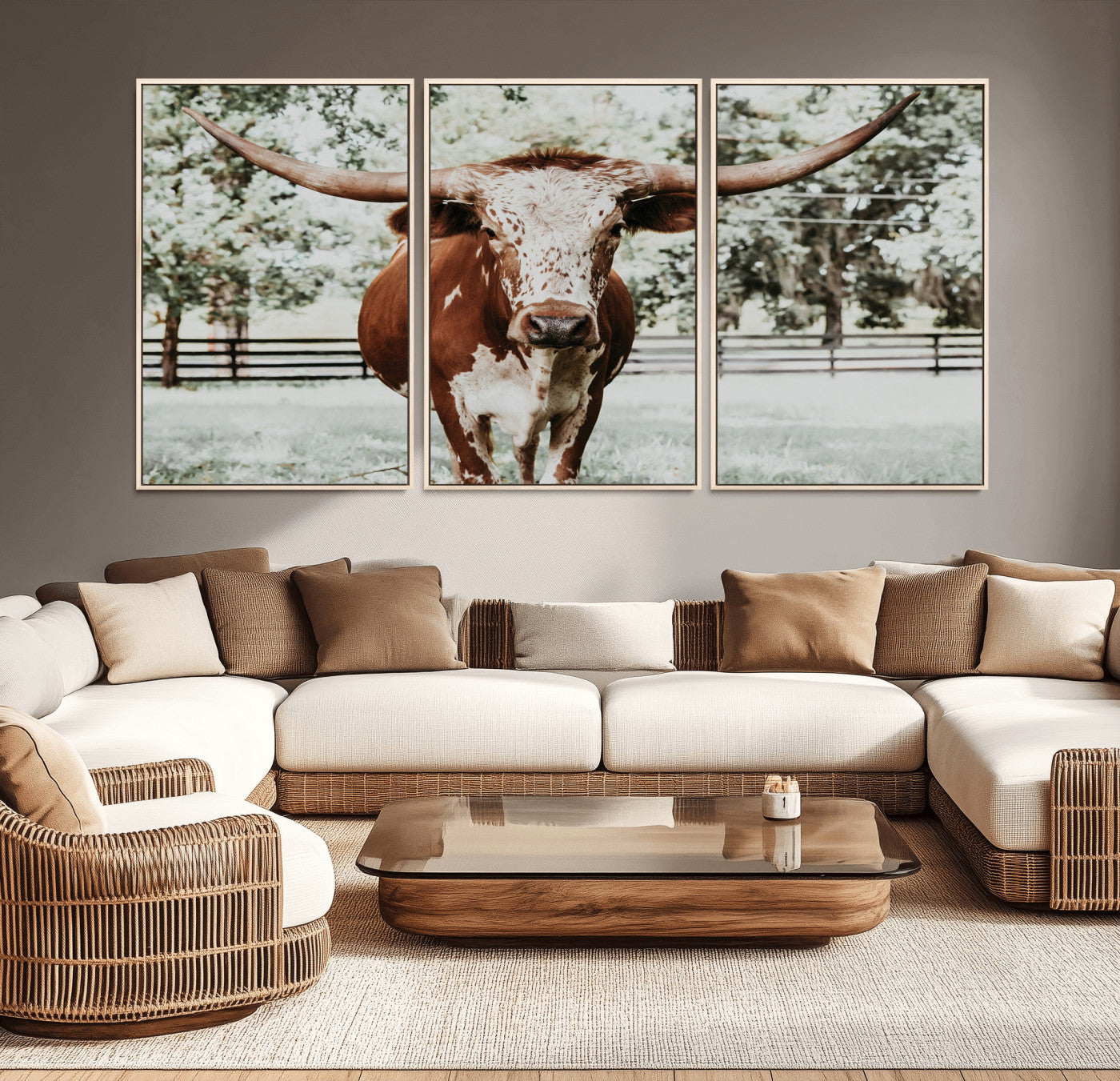 MGV-FC-60X30-3P - Texas Longhorn Wall Art Canvas Print, Framed Spotted Cow Art Picture Print, Horned Cattle Perfect Rustic Western Decor Artwork