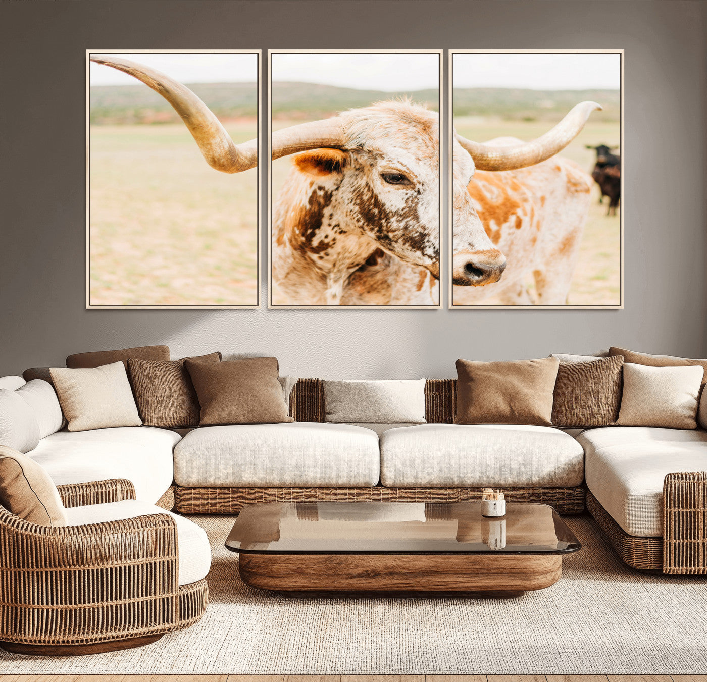 MGV-FC-60X30-3P - Texas Longhorn Wall Art Canvas Print, Framed Spotted Cow Art Picture Print, Horned Cattle Perfect Rustic Western Decor Artwork