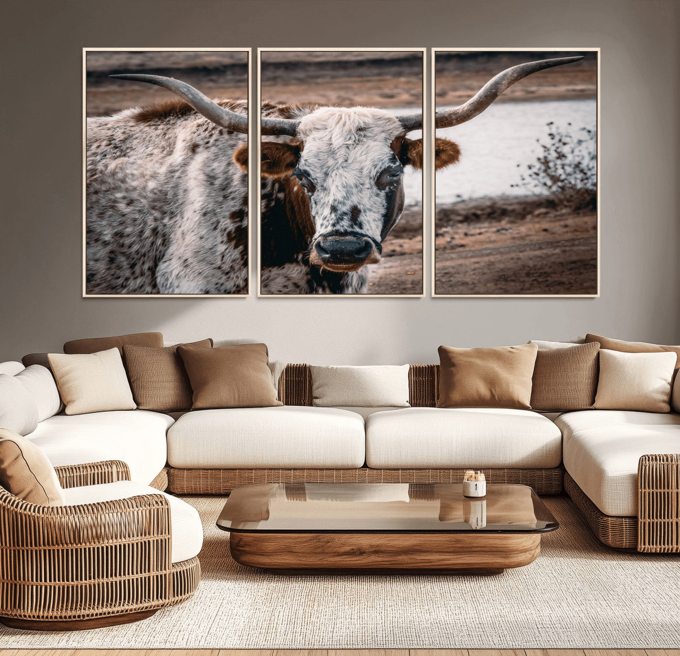 58386760-MGV-FC-60X30-3P_Natural-Texas Longhorn Wall Art Canvas Print – Framed Spotted Bull Horned Cattle Rustic Western Decor Artwork for Home, Office