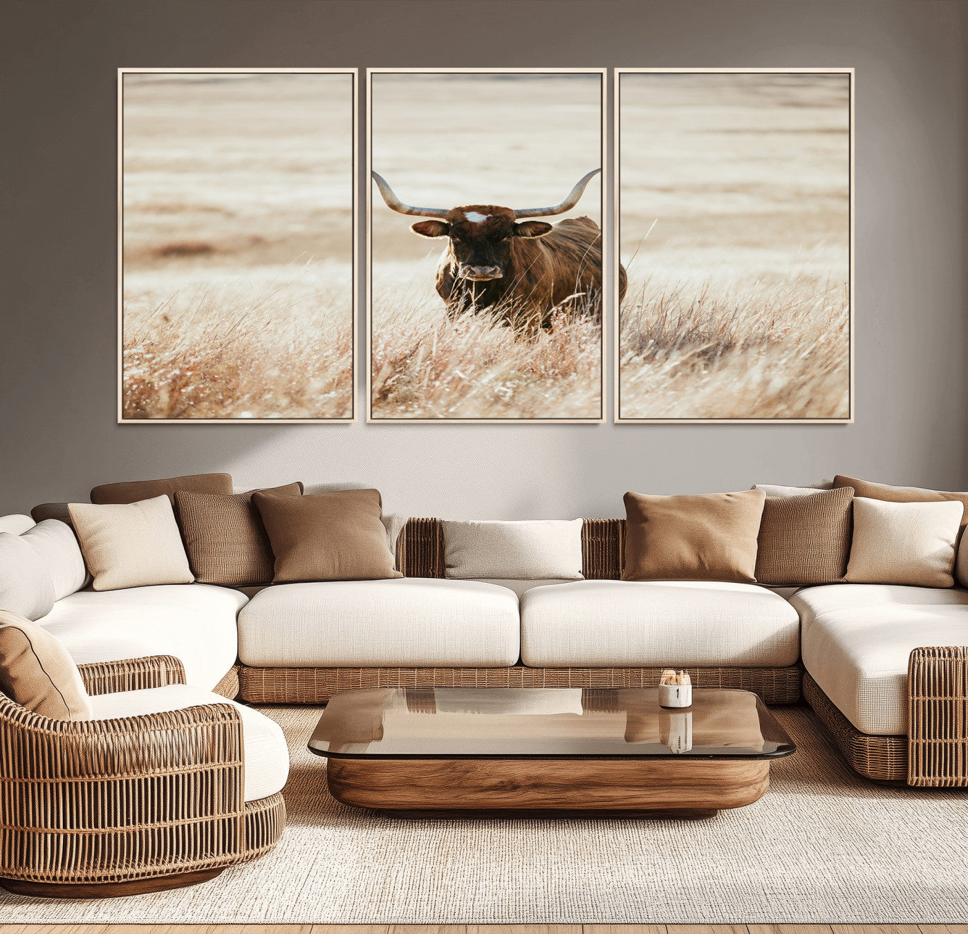 MGV-FC-60X30-3P - Texas Longhorn Wall Art Canvas Print, Framed Brown Cattle Art Picture Print, Horned Bull Perfect Rustic Western Decor Artwork