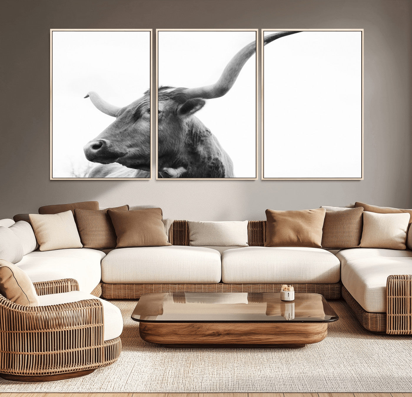 MGV-FC-60X30-3P - Longhorn Wall Art Wall Art Canvas Print, Framed Modern Ranch Style Art Art Picture Print, Monochrome Cow Print Perfect Rustic Western Decor Artwork