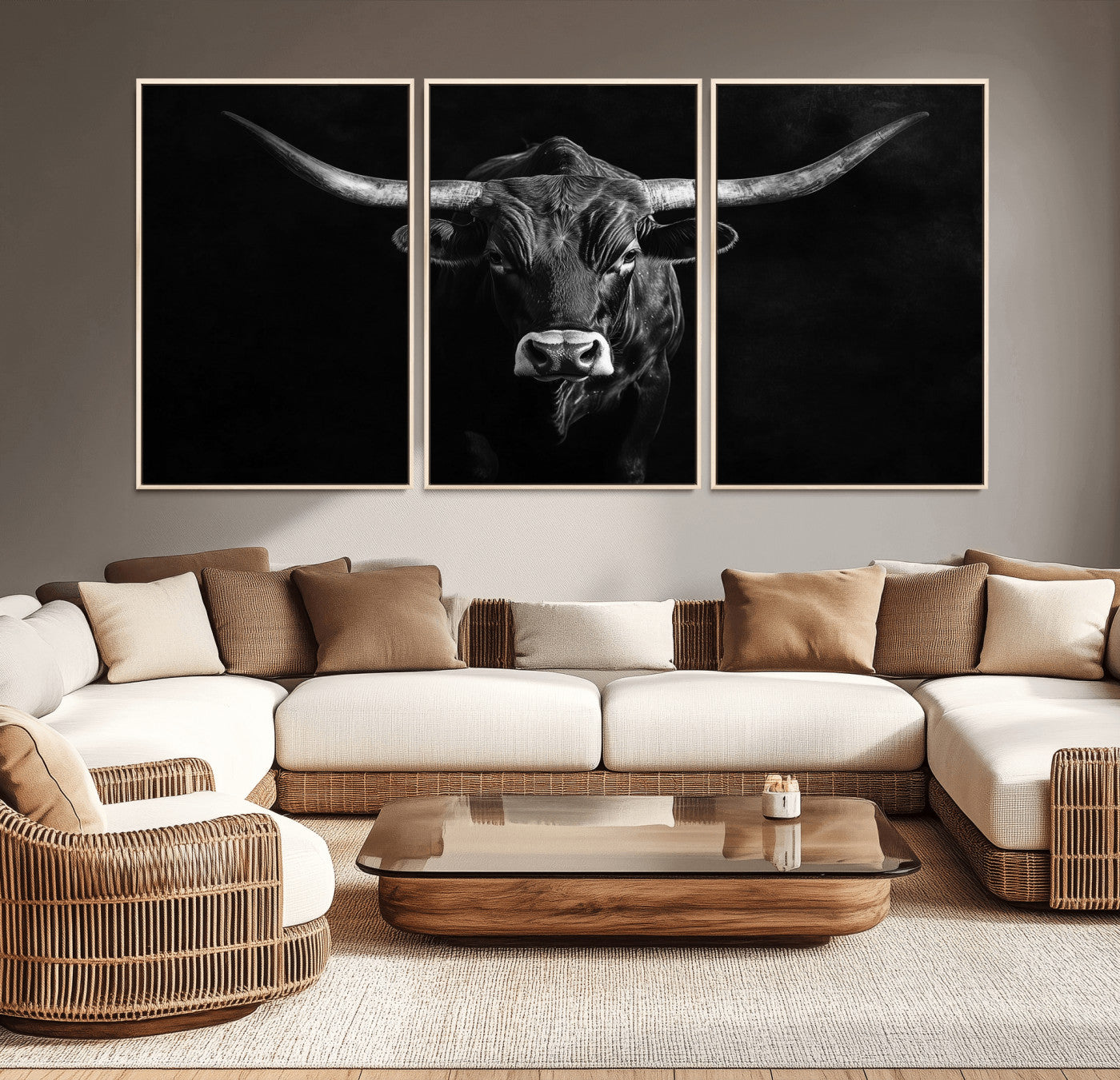 MGV-FC-60X30-3P - Texas Longhorn Wall Art Canvas Print, Framed Monochrome Bull Art Picture Print, Horned Bull Perfect Rustic Western Decor Artwork