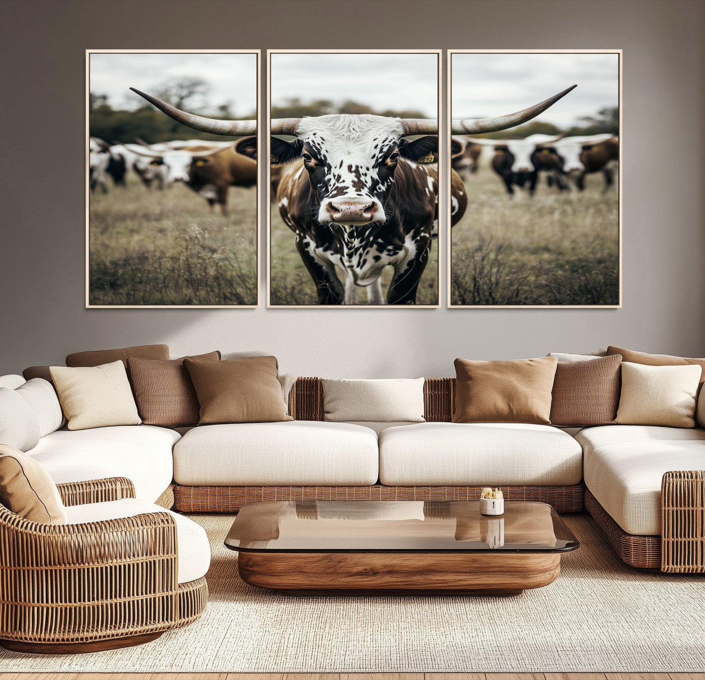 Canvas of a speckled Texas longhorn standing boldly in a field with a herd behind, perfect for rustic western or farmhouse wall decor.