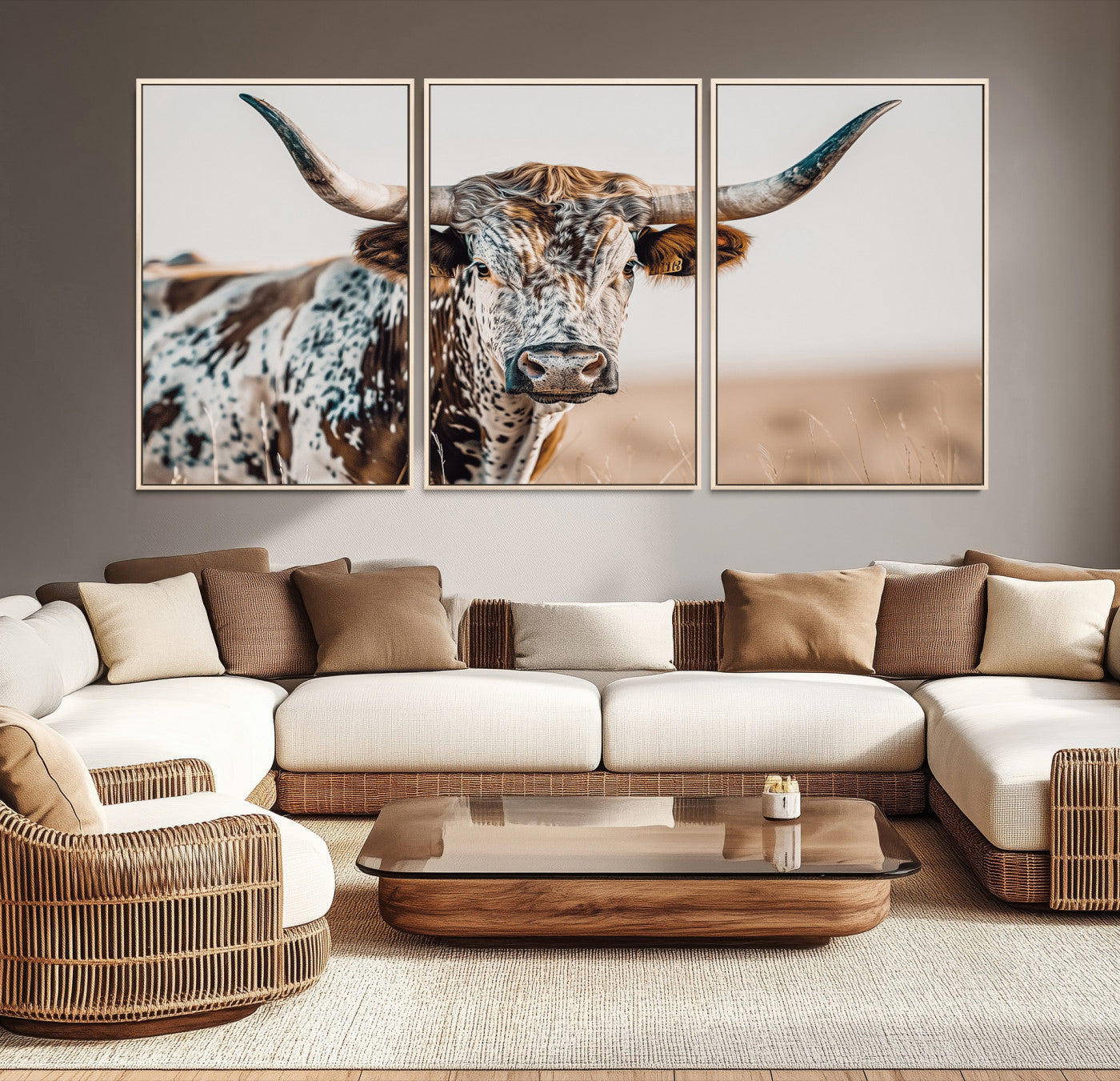 Canvas of a speckled Texas longhorn with wide curved horns and warm tones, perfect for rustic or country-style wall decor.