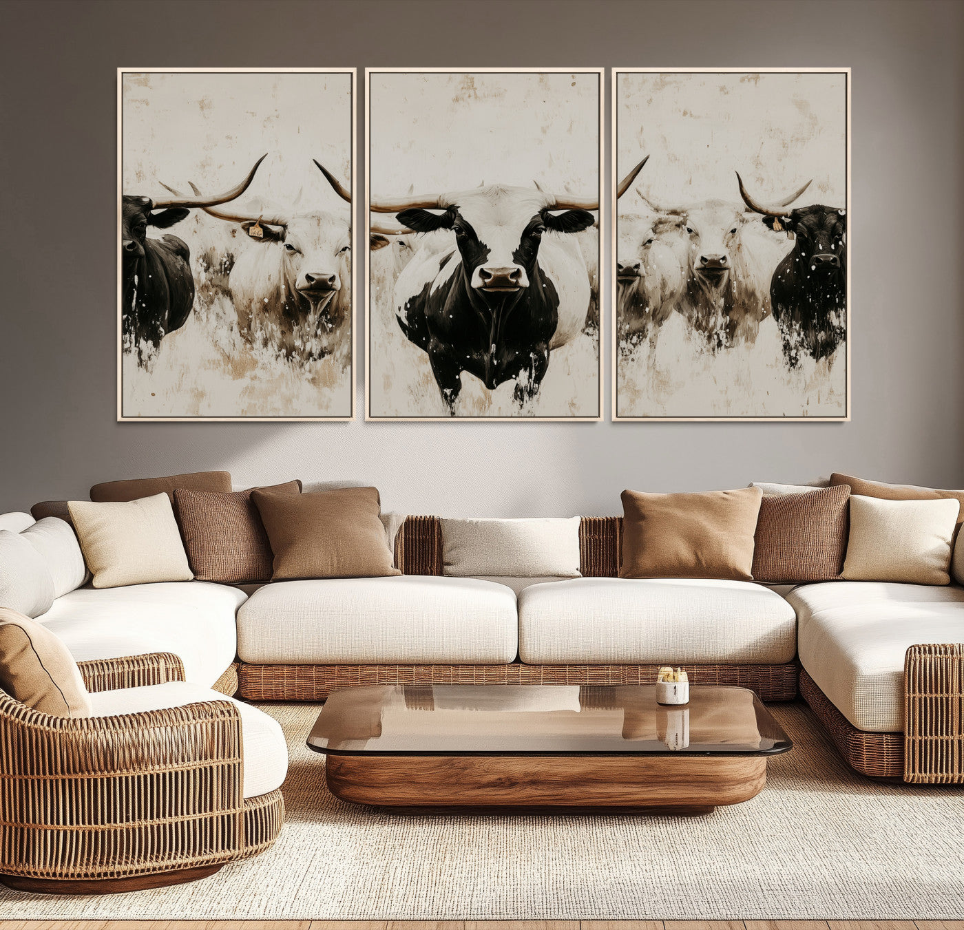 12027562-MGV-CV-36X24-Longhorn Cattle Wall Art Canvas Print – Framed Bison Herd Western Ranch Countryside Animal Landscape Artwork for Home Office