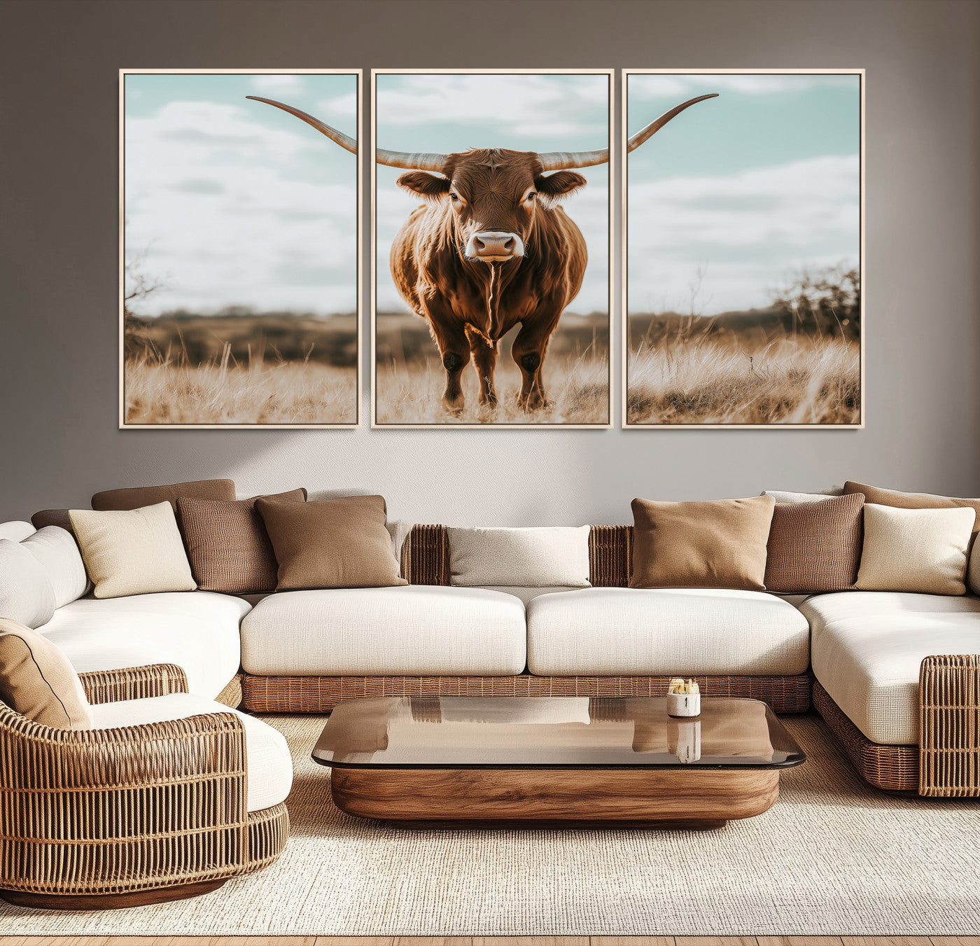 Texas Longhorn standing in a golden prairie under soft skies, ideal for rustic or western-style decor with warm natural tones.