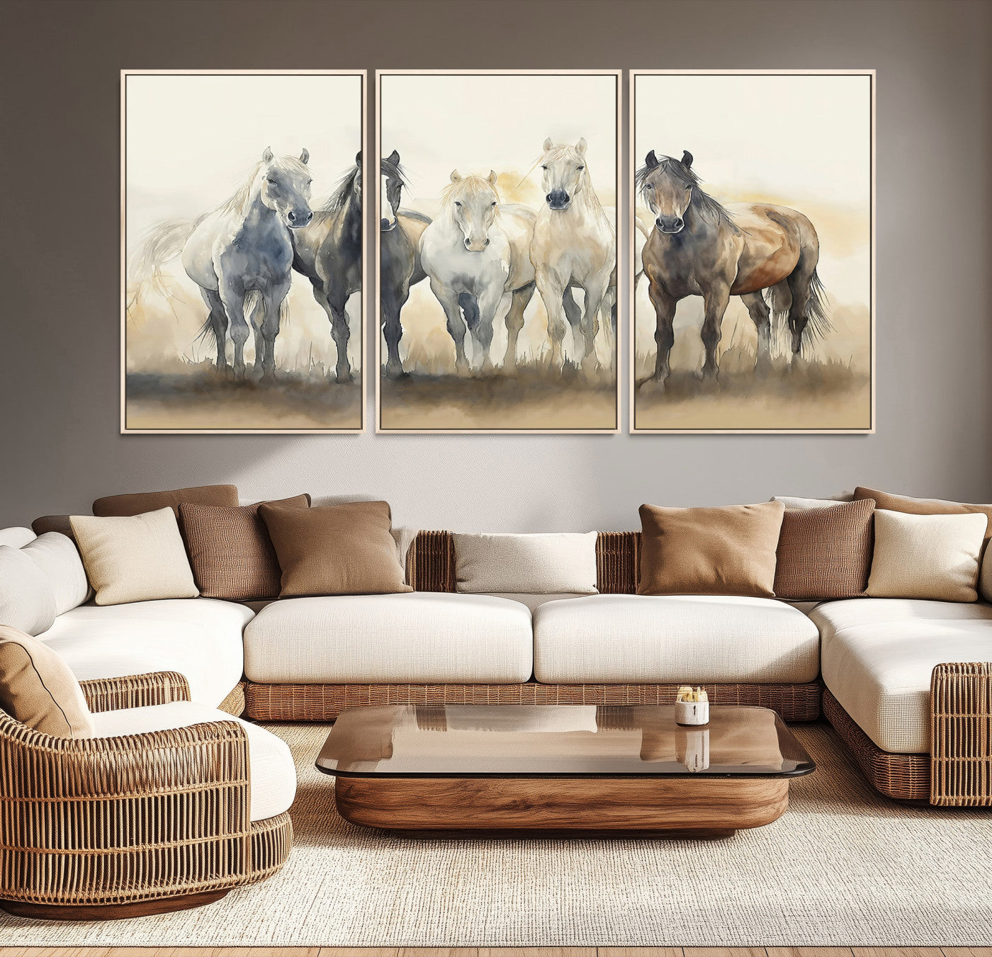 Watercolor illustration of five wild horses in soft neutral tones, perfect for rustic or western-style home decor with a calming natural vibe.