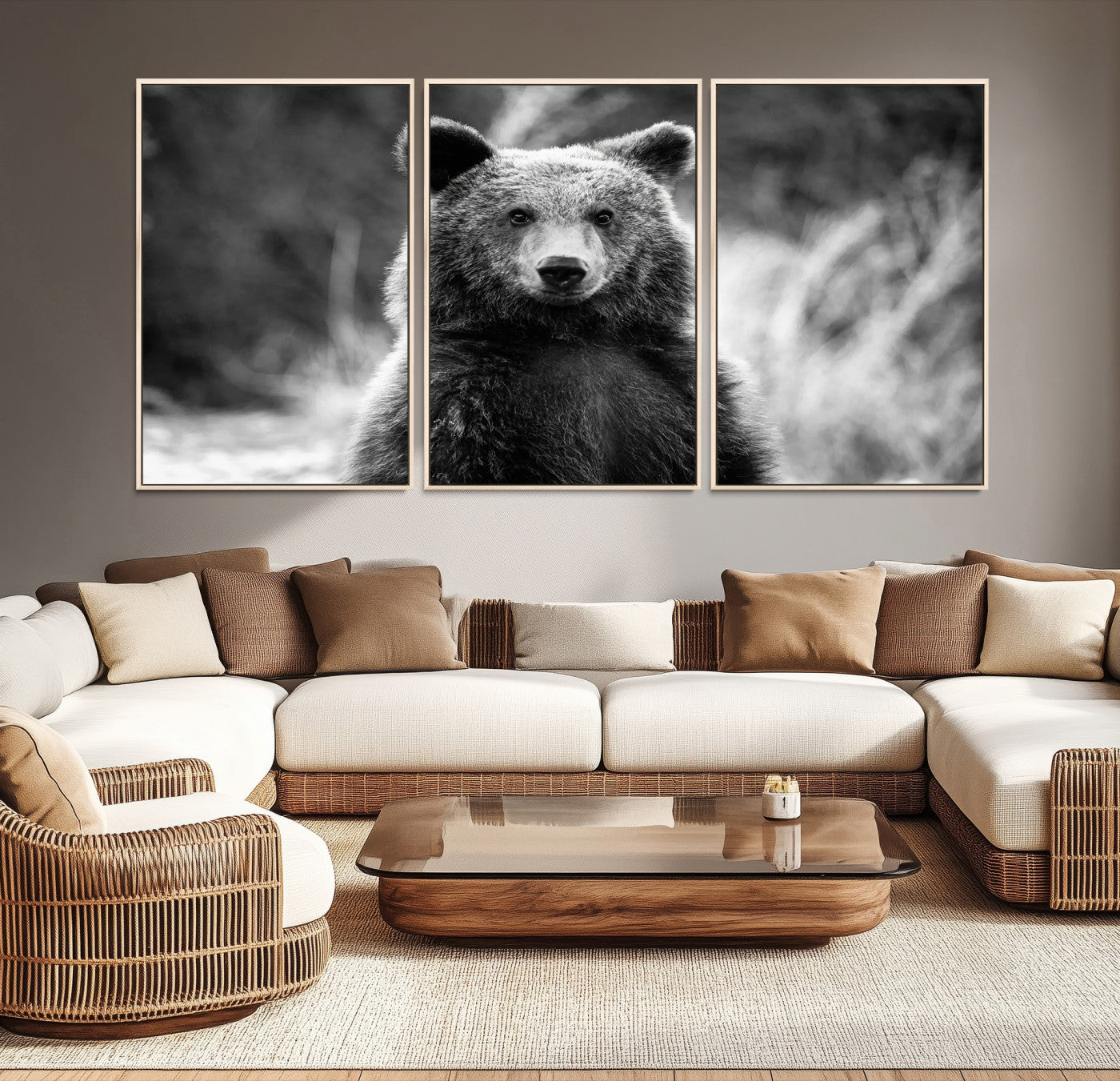 Black and white portrait of a grizzly bear with sharp detail and intense gaze, ideal for neutral-toned wildlife or rustic nature decor.