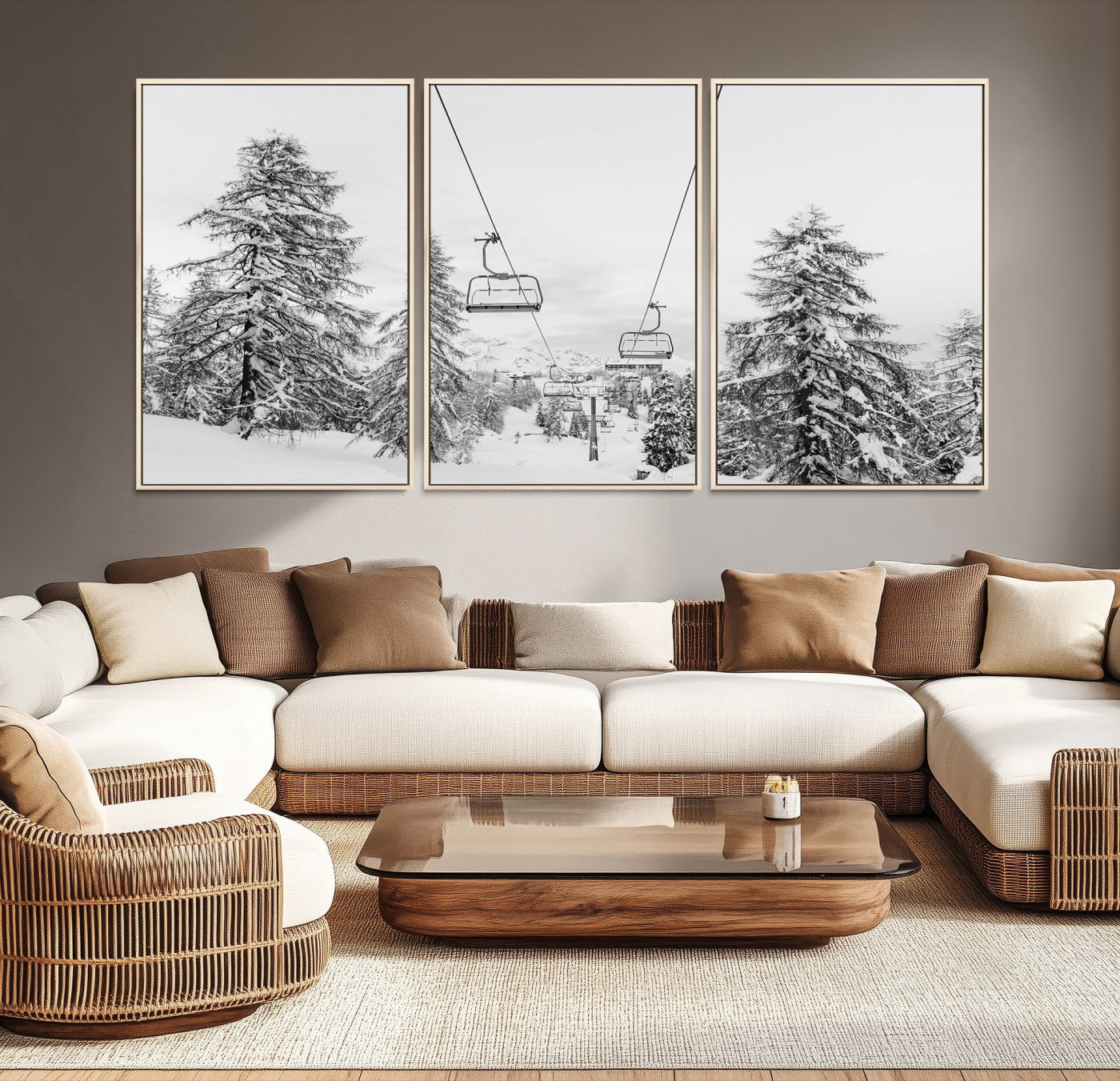 Black and white image of a ski lift amidst snow-covered pine trees, ideal for winter mountain or cabin-themed decor.