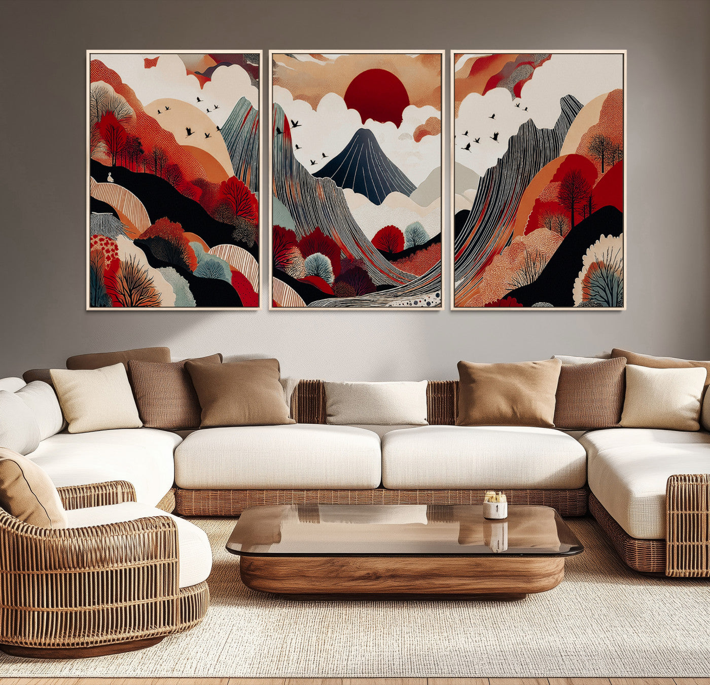 49034575-MGV-CV-60X30-3P-Abstract Mountain Wall Art Canvas Print, Framed Vibrant Landscape Art Picture Print, Stylized Nature Drawing Perfect Contemporary Minimalist