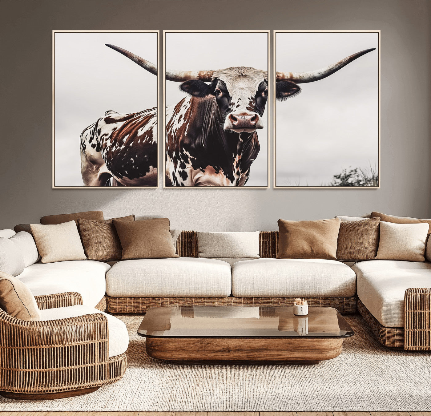 Close-up of a Texas Longhorn bull with powerful horns, perfect for rustic farmhouse or country-themed home decor. Ideal for animal lovers.