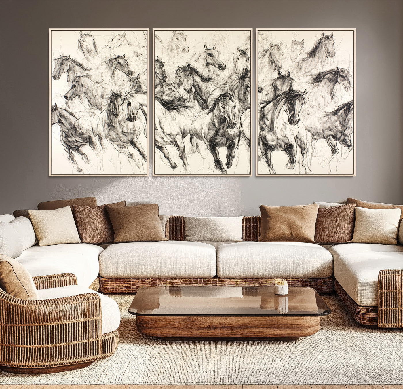 19433417-MGV-CV-36X24-Running Horses Wall Art Canvas Print – Framed Galloping Herd Dynamic Equestrian Sketch Nature Artwork for Home Office