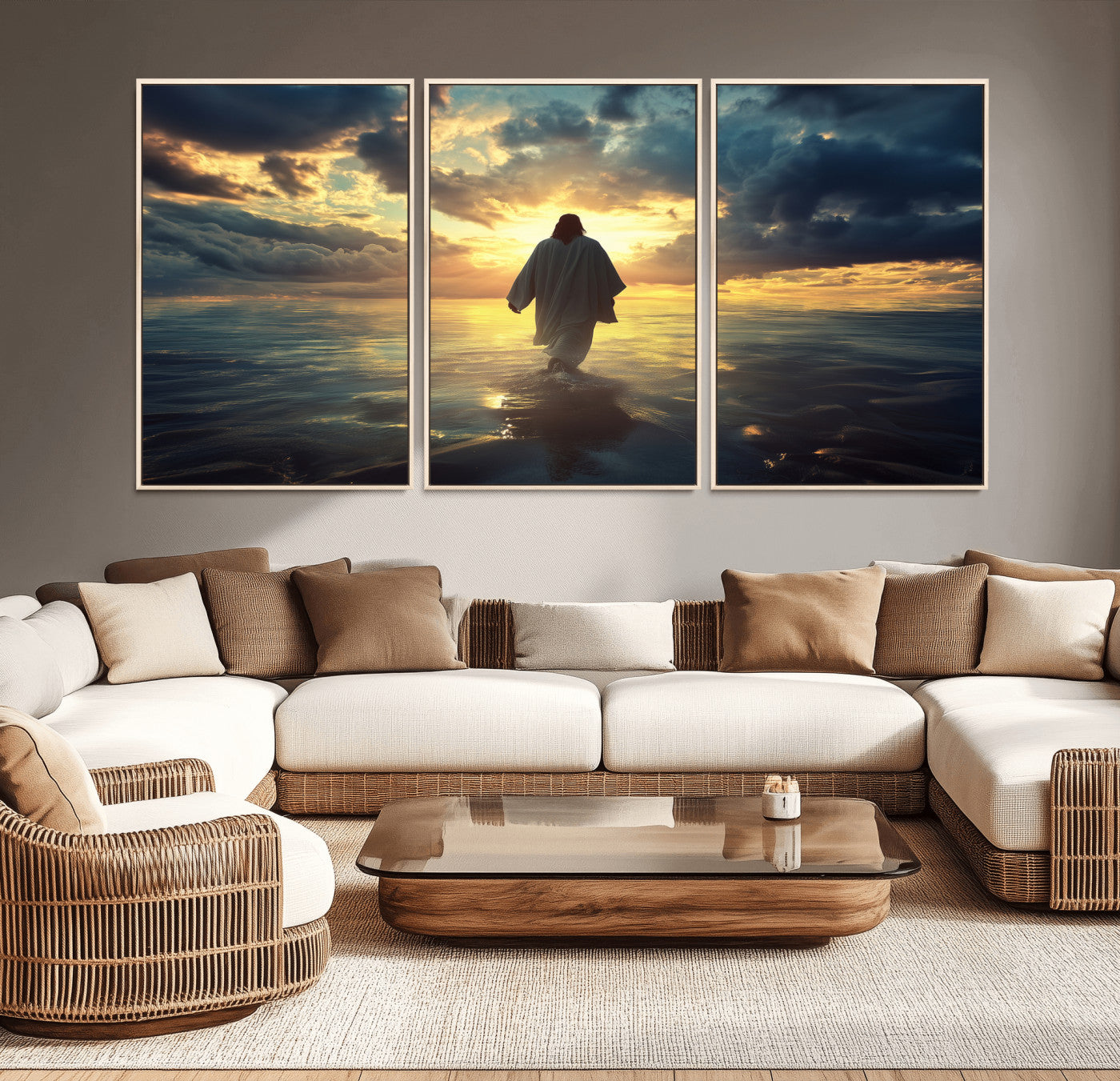 MGV-FC-60X30-3P - Jesus Walks Wall Art Canvas Print, Framed Divine Sunset Art Picture Print, Spiritual Light Perfect Spiritual Tranquil Decor Artwork