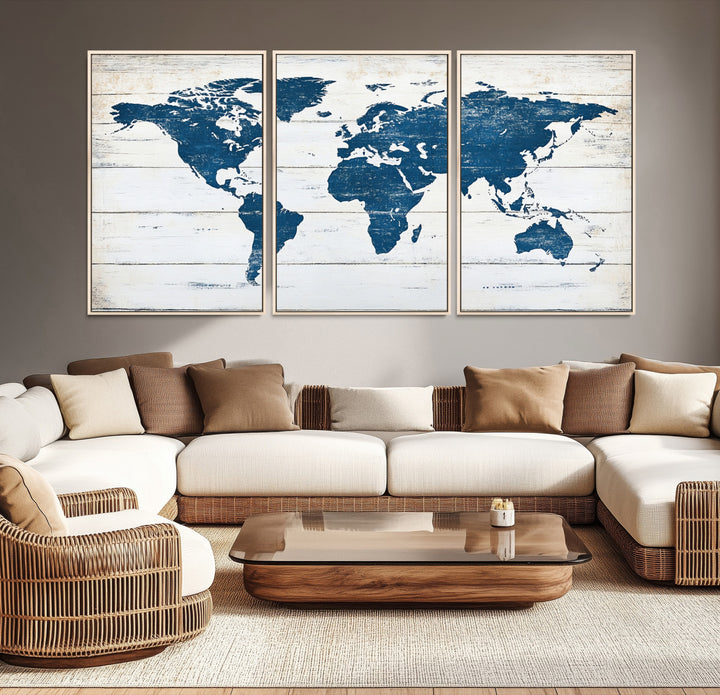 Rustic world map with blue continents on distressed wooden planks, perfect for coastal, explorer, or vintage-style wall decor.