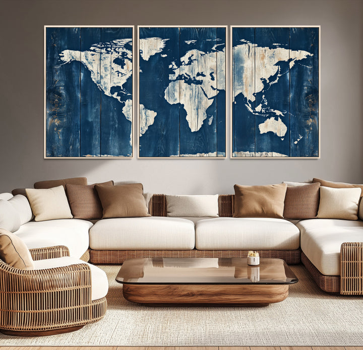 World Map Wall Art Canvas Print, Rustic Map Print, Framed Wooden World Map Art Print, Large Antique Map Decor Printing Perfect for Vintage Decor