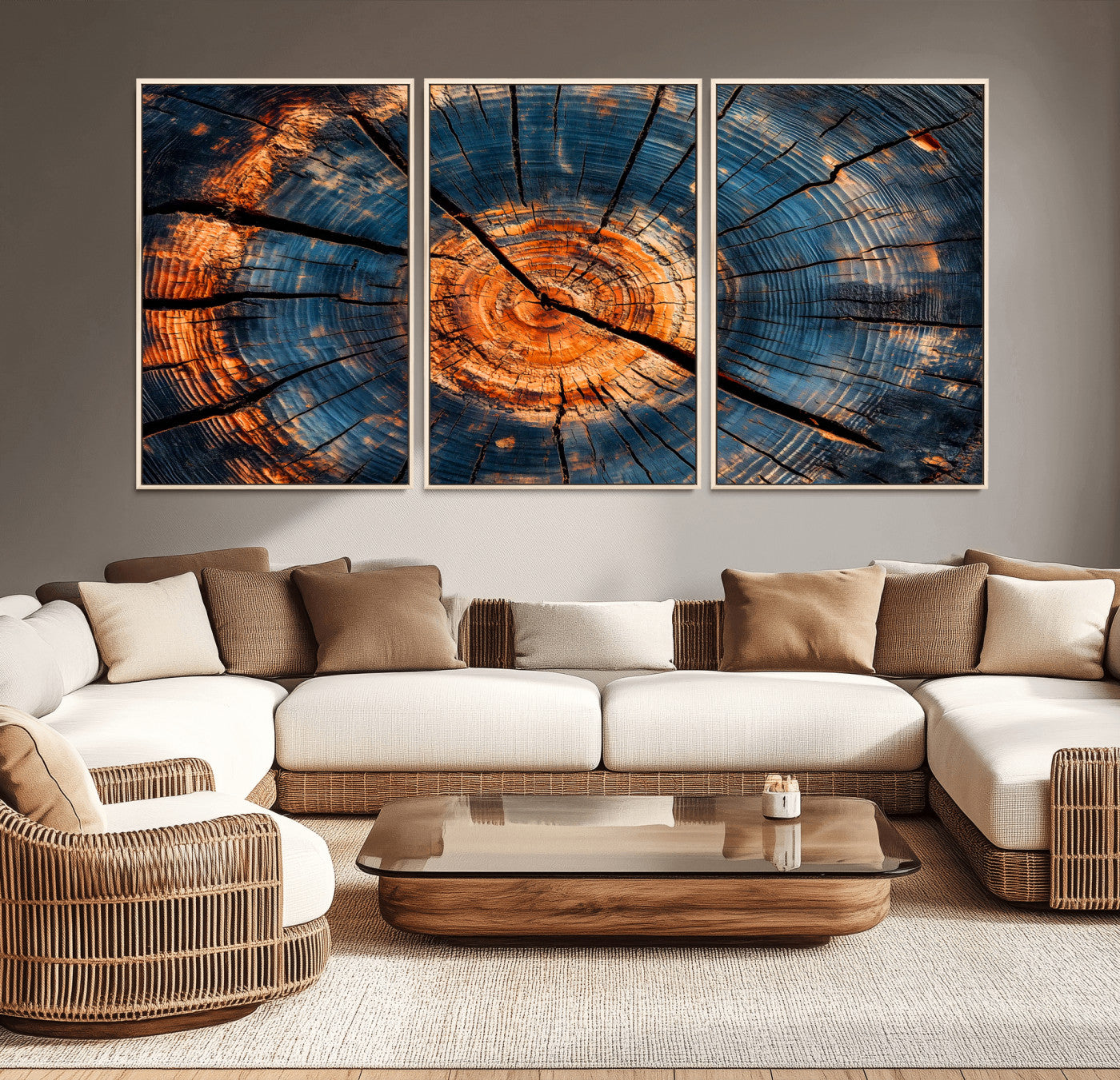 MGV-FC-60X30-3P - Burnt Wood Wall Art Canvas Print, Framed Aged Timber Art Picture Print, Rustic Tree Slice Perfect Rustic Decor Artwork