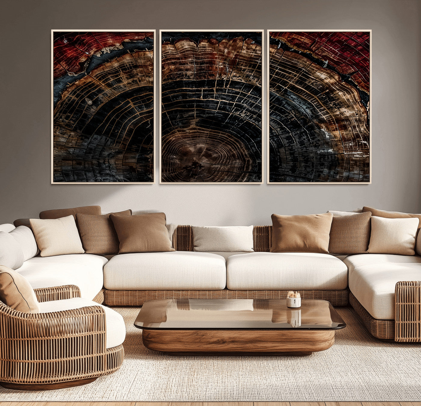 MGV-FC-60X30-3P - Dark Wood Ring Wall Art Canvas Print, Framed Abstract Wood Tree Art Picture Print, Rustic Tree Slice Perfect Rustic Decor Artwork