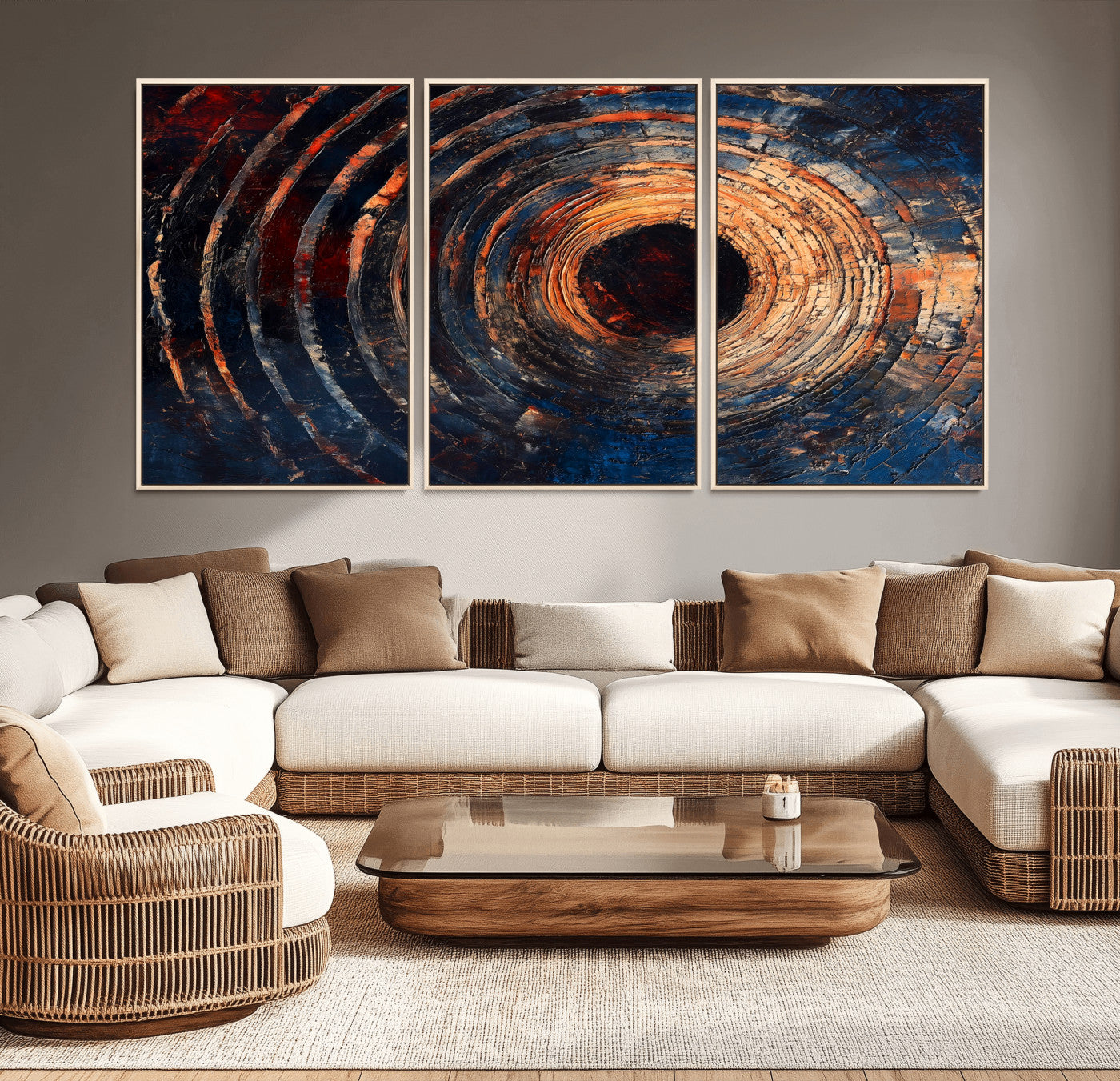 MGV-FC-60X30-3P - Wood Tree Ring Wall Art Canvas Print, Framed Natural Wood Art Picture Print, Rustic Tree Slice Perfect Rustic Decor Artwork