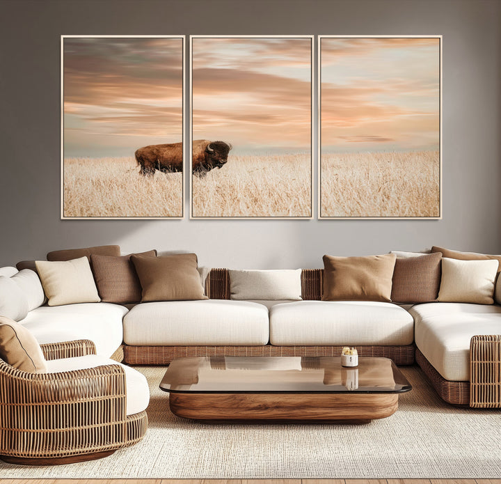 Bison Wall Art Canvas Print, Buffalo Print, Framed Western Prairie Art Print, Large Rustic Wildlife Printing Perfect for Rustic Decor