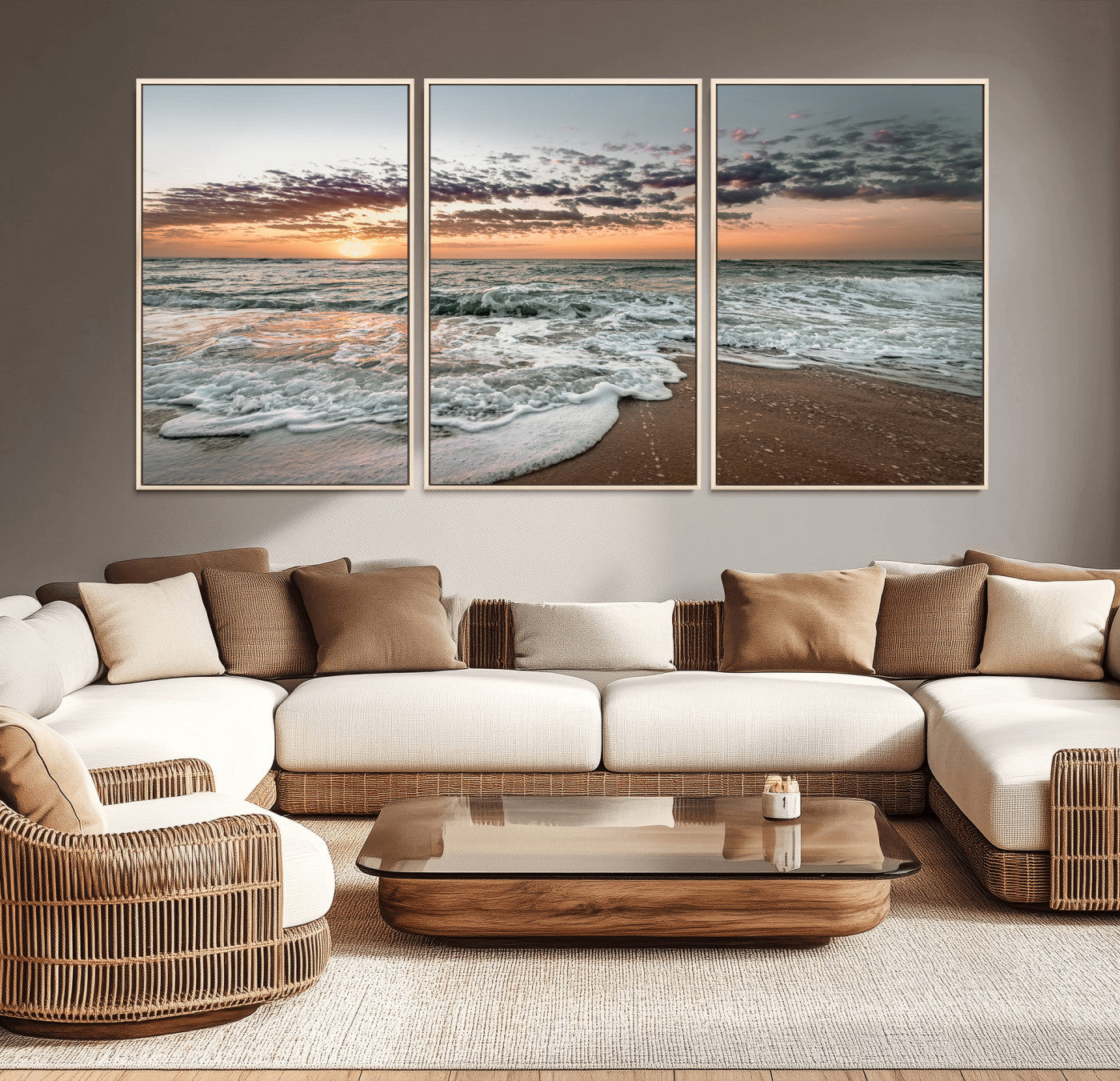 MGV-FC-60X30-3P - Ocean Sunset Wall Art Canvas Print, Framed Beach Waves Art Picture Print, Coastal Scene Perfect Coastal Decor Artwork