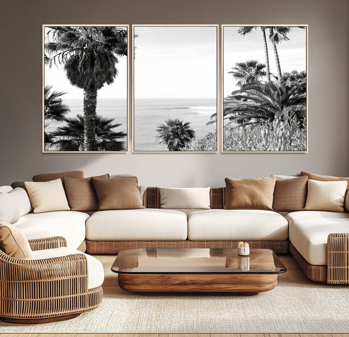 Monochrome canvas of palm trees framing a coastal surf scene, perfect for California-inspired or retro black-and-white beach decor.