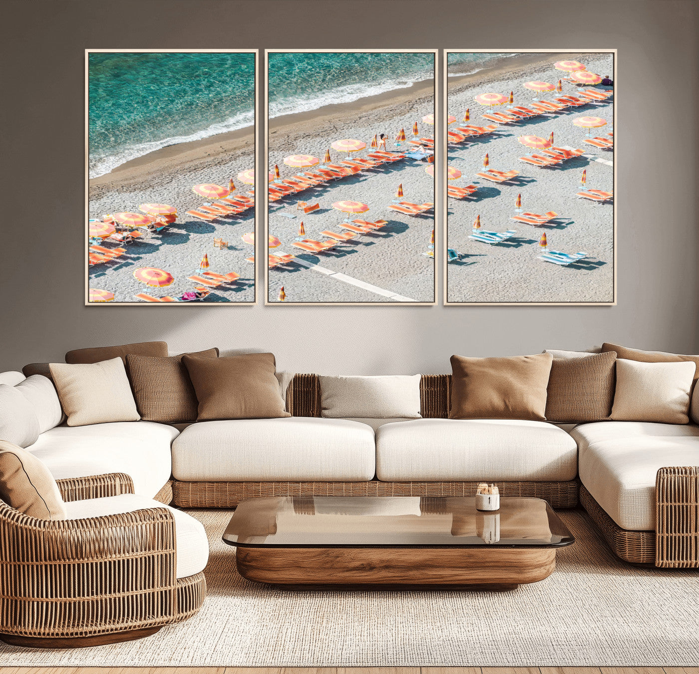 27805351-MGV-CV-36X24 - Beach Umbrellas Wall Art – Orange Loungers & Turquoise Water Canvas Print, Sandy Shore and Summer Vibes