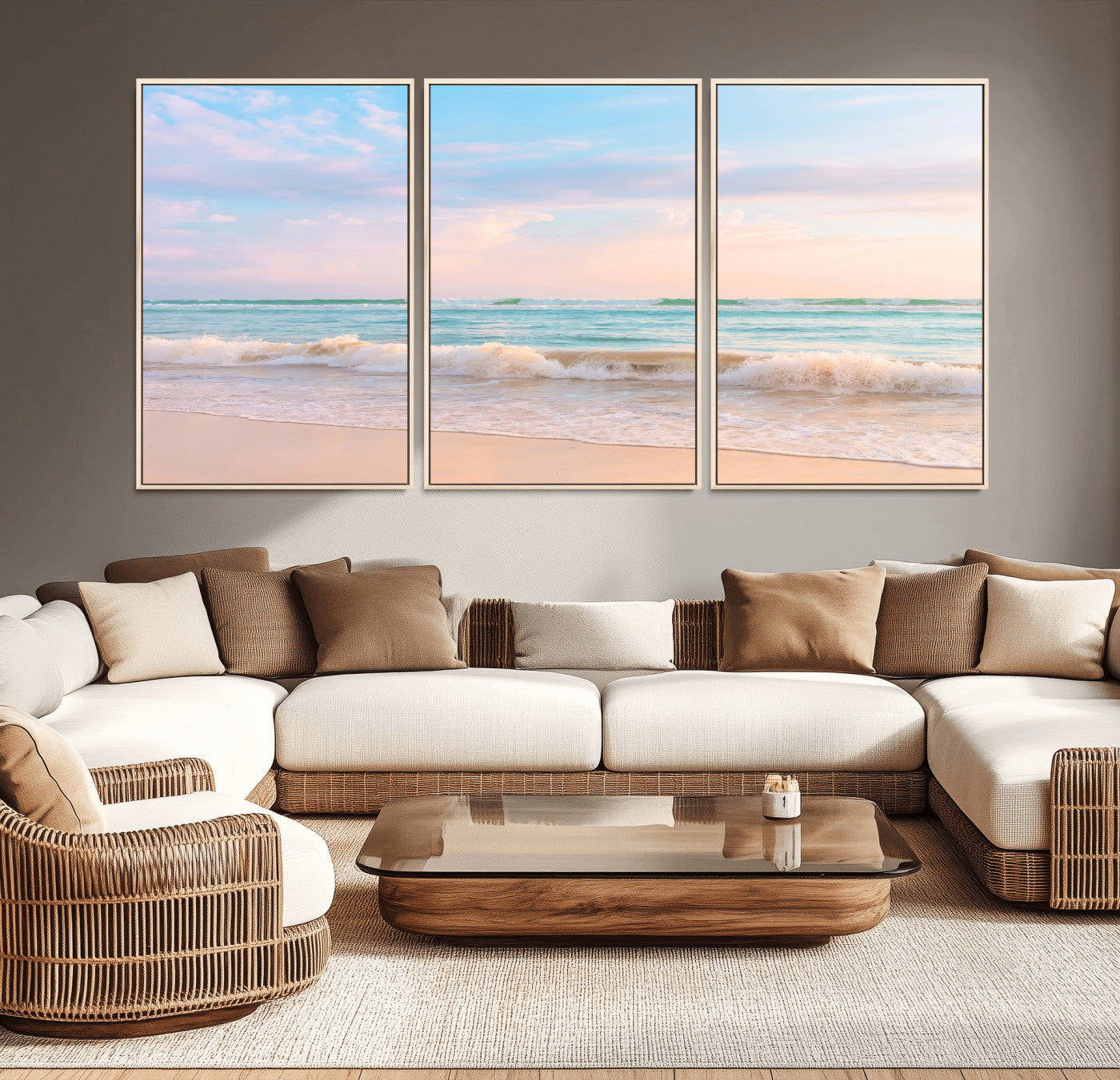 74679437-MGV-CV-36X24 - Serene Waves Wall Art – Golden Shore & Soft Pastel Sky Canvas Print, Gentle Ocean and Peaceful Sunset for Living Room or Office